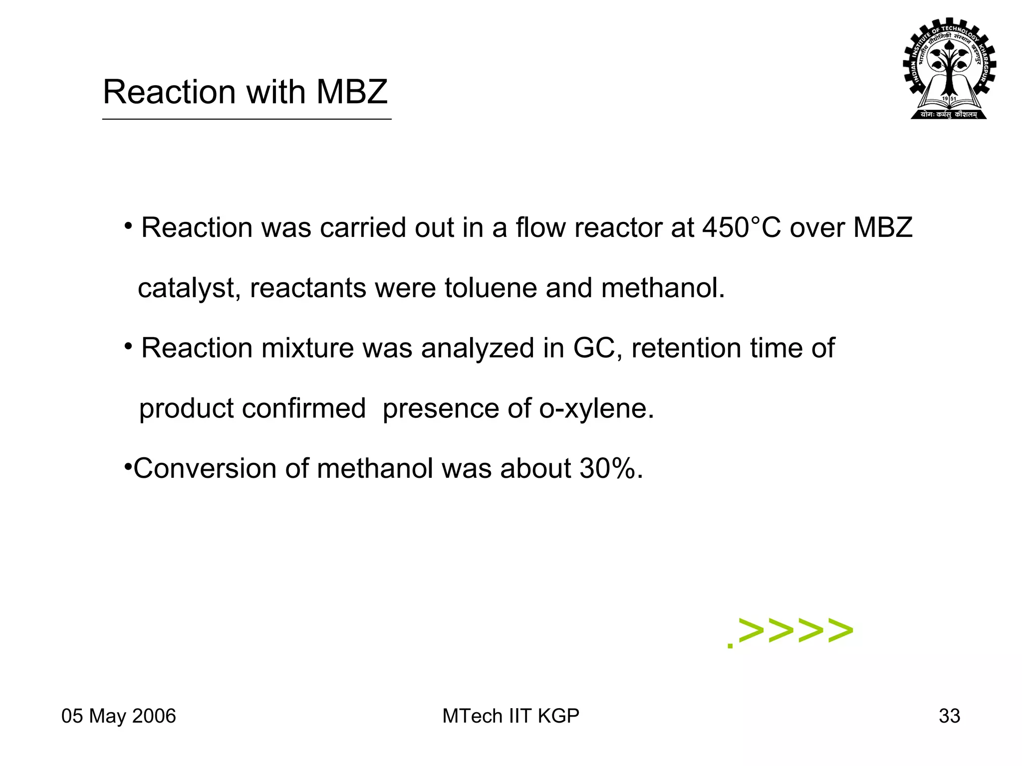 Reaction was carried out in a flow reactor at 450 °C over MBZ catalyst, reactants were toluene and methanol.  Reaction mixture was analyzed in GC, retention time of  product confirmed  presence of o-xylene.  Conversion of methanol was about 30%. Reaction with MBZ . >>>> 