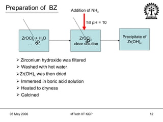 ZrOCl 2  + H 2 O . .  .. 8 ZrOCl 2 clear solution Addition of NH 3 8 Till pH = 10 Precipitate of Zr(OH) 4 Zirconium hydroxide was filtered Washed with hot water Zr(OH) 4  was then dried  Immersed in boric acid solution  Heated to dryness Calcined Preparation of  BZ 