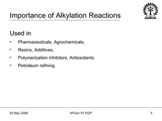 Importance of Alkylation Reactions Used in Pharmaceuticals, Agrochemicals,  Resins, Additives, Polymerization inhibitors, Antioxidants Petroleum refining 