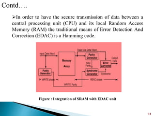 18
Figure : Integration of SRAM with EDAC unit
Contd….
In order to have the secure transmission of data between a
central processing unit (CPU) and its local Random Access
Memory (RAM) the traditional means of Error Detection And
Correction (EDAC) is a Hamming code.
 