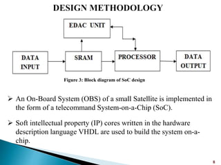 8
Figure 3: Block diagram of SoC design
 An On-Board System (OBS) of a small Satellite is implemented in
the form of a telecommand System-on-a-Chip (SoC).
 Soft intellectual property (IP) cores written in the hardware
description language VHDL are used to build the system on-a-
chip.
 