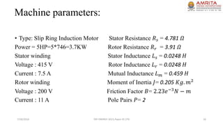 Machine parameters:
• Type: Slip Ring Induction Motor Stator Resistance 𝑅 𝑠 = 4.781 𝛺
Power = 5HP=5*746=3.7KW Rotor Resistance 𝑅 𝑟 = 3.91 𝛺
Stator winding Stator Inductance 𝐿 𝑠 = 0.0248 𝐻
Voltage : 415 V Rotor Inductance 𝐿 𝑟 = 0.0248 𝐻
Current : 7.5 A Mutual Inductance 𝐿 𝑚 = 0.459 𝐻
Rotor winding Moment of Inertia 𝐽= 0.205 𝐾𝑔. 𝑚2
Voltage : 200 V Friction Factor 𝐵= 2.23𝑒−3
𝑁 − 𝑚
Current : 11 A Pole Pairs 𝑃= 2
7/26/2016 TAP ENERGY-2015,Paper ID-270 16
 