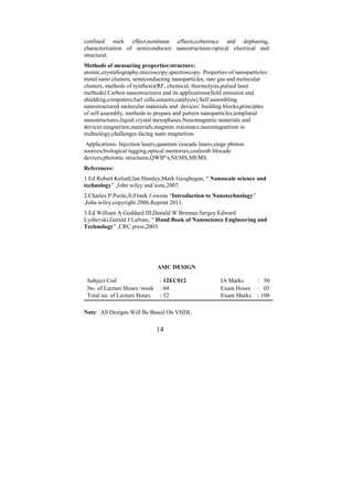 confined stark effect,nonlinear effects,coherence and dephasing,
characterization of semiconductor nanostructures:optical electrical and
structural.
Methods of measuring properties:structure:
atomic,crystallography,microscopy,spectroscopy. Properties of nanoparticles:
metal nano clusters, semiconducting nanoparticles, rare gas and molecular
clusters, methods of synthesis(RF, chemical, thermolysis,pulsed laser
methods) Carbon nanostructures and its applications(field emission and
shielding,computers,fuel cells,sensors,catalysis).Self assembling
nanostructured molecular materials and devices: building blocks,principles
of self assembly, methods to prepare and pattern nanoparticles,templated
nanostructures,liquid crystal mesophases.Nanomagnetic materials and
devices:magnetism,materials,magneto resistance,nanomagnetism in
technology,challenges facing nano magnetism.
 Applications: Injection lasers,quantum cascade lasers,singe photon
sources,biological tagging,optical memories,coulomb blocade
devices,photonic structures,QWIP’s,NEMS,MEMS.
References:
1.Ed Robert Kelsall,Ian Hamley,Mark Geoghegan, “ Nanoscale science and
technology” ,John wiley and sons,2007.
2.Charles P Poole,Jr,Frank J owens “Introduction to Nanotechnology”
,John wiley,copyright 2006,Reprint 2011.
3.Ed William A Goddard III,Donald W Brenner,Sergey Edward
Lyshevski,Gerald J Lafrate, “ Hand Book of Nanoscience Engineering and
Technology” ,CRC press,2003.




                              ASIC DESIGN

 Subject Cod                   : 12EC012                 IA Marks      : 50
 No. of Lecture Hours /week    : 04                      Exam Hours    : 03
 Total no. of Lecture Hours    : 52                      Exam Marks    : 100

Note: All Designs Will Be Based On VHDL

                              14
 