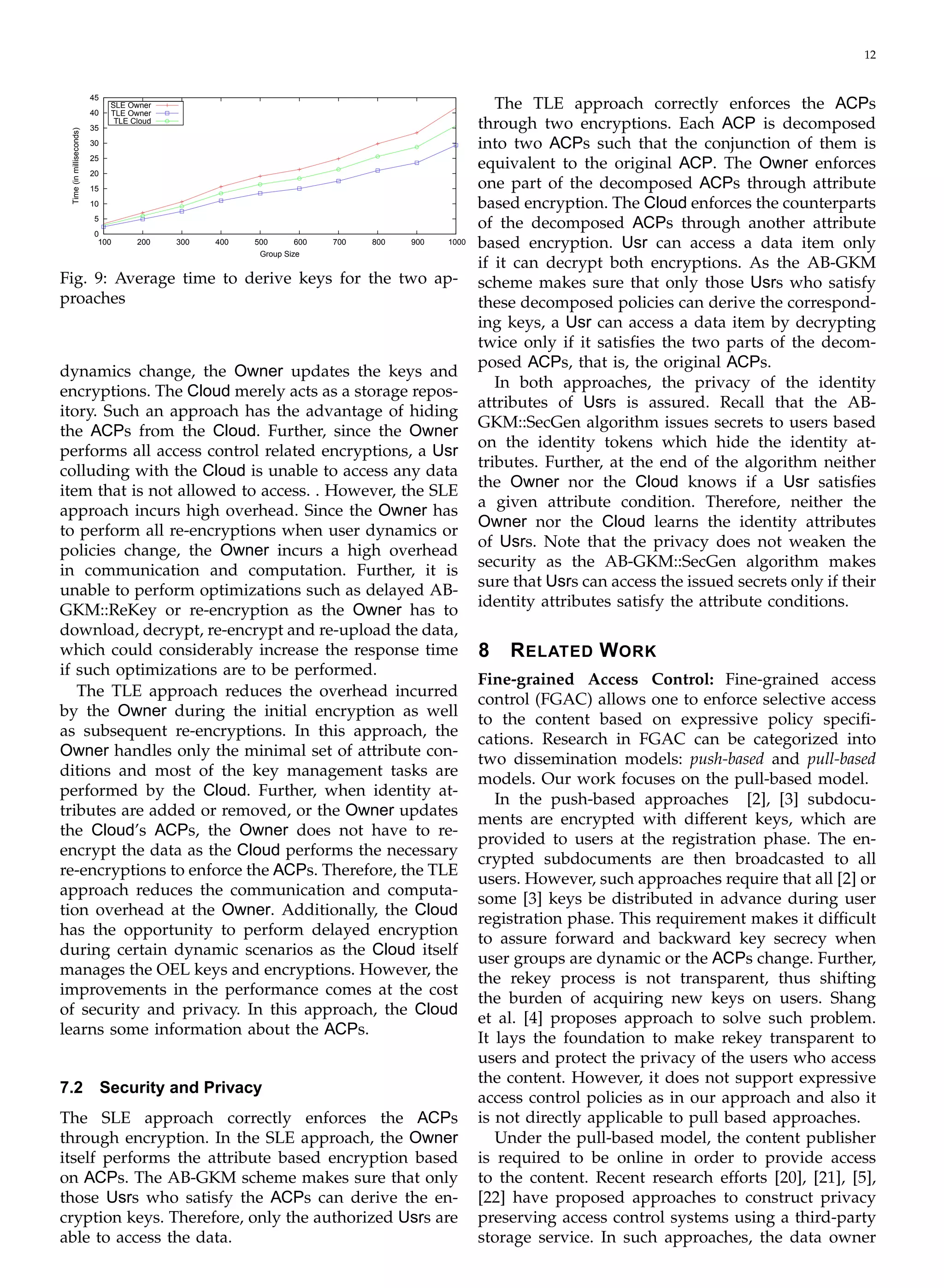 12
0
5
10
15
20
25
30
35
40
45
100 200 300 400 500 600 700 800 900 1000
Time(inmilliseconds)
SLE Owner
TLE Owner
TLE Cloud
Group Size
Fig. 9: Average time to derive keys for the two ap­
proaches
dynamics change, the Owner updates the keys and
encryptions. The Cloud merely acts as a storage repos­
itory. Such an approach has the advantage of hiding
the ACPs from the Cloud. Further, since the Owner
performs all access control related encryptions, a Usr
colluding with the Cloud is unable to access any data
item that is not allowed to access. . However, the SLE
approach incurs high overhead. Since the Owner has
to perform all re-encryptions when user dynamics or
policies change, the Owner incurs a high overhead
in communication and computation. Further, it is
unable to perform optimizations such as delayed AB-
GKM::ReKey or re-encryption as the Owner has to
download, decrypt, re-encrypt and re-upload the data,
which could considerably increase the response time
if such optimizations are to be performed.
The TLE approach reduces the overhead incurred
by the Owner during the initial encryption as well
as subsequent re-encryptions. In this approach, the
Owner handles only the minimal set of attribute con­
ditions and most of the key management tasks are
performed by the Cloud. Further, when identity at­
tributes are added or removed, or the Owner updates
the Cloud’s ACPs, the Owner does not have to re-
encrypt the data as the Cloud performs the necessary
re-encryptions to enforce the ACPs. Therefore, the TLE
approach reduces the communication and computa­
tion overhead at the Owner. Additionally, the Cloud
has the opportunity to perform delayed encryption
during certain dynamic scenarios as the Cloud itself
manages the OEL keys and encryptions. However, the
improvements in the performance comes at the cost
of security and privacy. In this approach, the Cloud
learns some information about the ACPs.
7.2 Security and Privacy
The SLE approach correctly enforces the ACPs
through encryption. In the SLE approach, the Owner
itself performs the attribute based encryption based
on ACPs. The AB-GKM scheme makes sure that only
those Usrs who satisfy the ACPs can derive the en­
cryption keys. Therefore, only the authorized Usrs are
able to access the data.
The TLE approach correctly enforces the ACPs
through two encryptions. Each ACP is decomposed
into two ACPs such that the conjunction of them is
equivalent to the original ACP. The Owner enforces
one part of the decomposed ACPs through attribute
based encryption. The Cloud enforces the counterparts
of the decomposed ACPs through another attribute
based encryption. Usr can access a data item only
if it can decrypt both encryptions. As the AB-GKM
scheme makes sure that only those Usrs who satisfy
these decomposed policies can derive the correspond­
ing keys, a Usr can access a data item by decrypting
twice only if it satisﬁes the two parts of the decom­
posed ACPs, that is, the original ACPs.
In both approaches, the privacy of the identity
attributes of Usrs is assured. Recall that the AB-
GKM::SecGen algorithm issues secrets to users based
on the identity tokens which hide the identity at­
tributes. Further, at the end of the algorithm neither
the Owner nor the Cloud knows if a Usr satisﬁes
a given attribute condition. Therefore, neither the
Owner nor the Cloud learns the identity attributes
of Usrs. Note that the privacy does not weaken the
security as the AB-GKM::SecGen algorithm makes
sure that Usrs can access the issued secrets only if their
identity attributes satisfy the attribute conditions.
8 RELATED WORK
Fine-grained Access Control: Fine-grained access
control (FGAC) allows one to enforce selective access
to the content based on expressive policy speciﬁ­
cations. Research in FGAC can be categorized into
two dissemination models: push-based and pull-based
models. Our work focuses on the pull-based model.
In the push-based approaches [2], [3] subdocu­
ments are encrypted with different keys, which are
provided to users at the registration phase. The en­
crypted subdocuments are then broadcasted to all
users. However, such approaches require that all [2] or
some [3] keys be distributed in advance during user
registration phase. This requirement makes it difﬁcult
to assure forward and backward key secrecy when
user groups are dynamic or the ACPs change. Further,
the rekey process is not transparent, thus shifting
the burden of acquiring new keys on users. Shang
et al. [4] proposes approach to solve such problem.
It lays the foundation to make rekey transparent to
users and protect the privacy of the users who access
the content. However, it does not support expressive
access control policies as in our approach and also it
is not directly applicable to pull based approaches.
Under the pull-based model, the content publisher
is required to be online in order to provide access
to the content. Recent research efforts [20], [21], [5],
[22] have proposed approaches to construct privacy
preserving access control systems using a third-party
storage service. In such approaches, the data owner
 