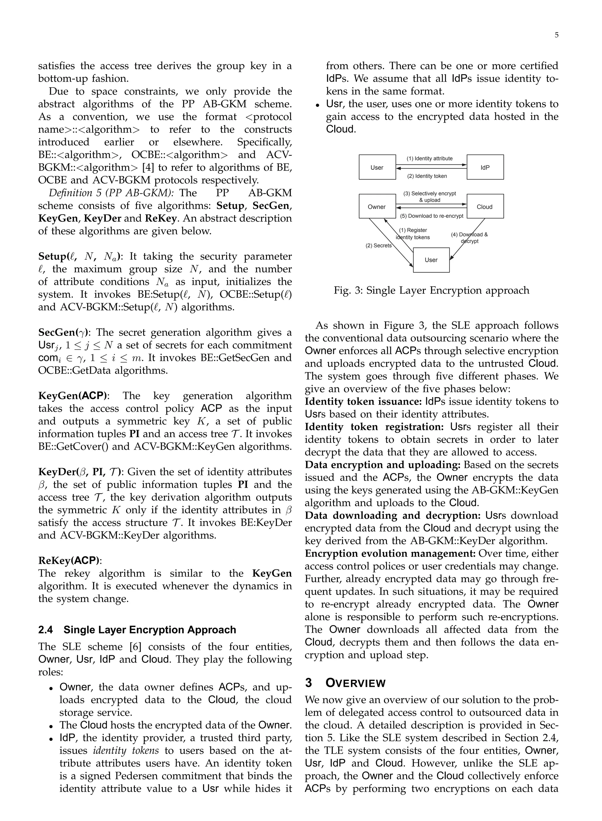 5
satisﬁes the access tree derives the group key in a
bottom-up fashion.
Due to space constraints, we only provide the
abstract algorithms of the PP AB-GKM scheme.
As a convention, we use the format <protocol
name>::<algorithm> to refer to the constructs
introduced earlier or elsewhere. Speciﬁcally,
BE::<algorithm>, OCBE::<algorithm> and ACV­
BGKM::<algorithm> [4] to refer to algorithms of BE,
OCBE and ACV-BGKM protocols respectively.
Deﬁnition 5 (PP AB-GKM): The PP AB-GKM
scheme consists of ﬁve algorithms: Setup, SecGen,
KeyGen, KeyDer and ReKey. An abstract description
of these algorithms are given below.
Setup(ℓ, N, Na): It taking the security parameter
ℓ, the maximum group size N, and the number
of attribute conditions Na as input, initializes the
system. It invokes BE:Setup(ℓ, N), OCBE::Setup(ℓ)
and ACV-BGKM::Setup(ℓ, N) algorithms.
SecGen(γ): The secret generation algorithm gives a
Usrj, 1 ≤ j ≤ N a set of secrets for each commitment
comi ∈ γ, 1 ≤ i ≤ m. It invokes BE::GetSecGen and
OCBE::GetData algorithms.
KeyGen(ACP): The key generation algorithm
takes the access control policy ACP as the input
and outputs a symmetric key K, a set of public
information tuples PI and an access tree T . It invokes
BE::GetCover() and ACV-BGKM::KeyGen algorithms.
KeyDer(β, PI, T ): Given the set of identity attributes
β, the set of public information tuples PI and the
access tree T , the key derivation algorithm outputs
the symmetric K only if the identity attributes in β
satisfy the access structure T . It invokes BE:KeyDer
and ACV-BGKM::KeyDer algorithms.
ReKey(ACP):

The rekey algorithm is similar to the KeyGen

algorithm. It is executed whenever the dynamics in

the system change.

2.4 Single Layer Encryption Approach
The SLE scheme [6] consists of the four entities,
Owner, Usr, IdP and Cloud. They play the following
roles:
•	 Owner, the data owner deﬁnes ACPs, and up­
loads encrypted data to the Cloud, the cloud
storage service.
•	 The Cloud hosts the encrypted data of the Owner.
•	 IdP, the identity provider, a trusted third party,
issues identity tokens to users based on the at­
tribute attributes users have. An identity token
is a signed Pedersen commitment that binds the
identity attribute value to a Usr while hides it
from others. There can be one or more certiﬁed
IdPs. We assume that all IdPs issue identity to­
kens in the same format.
•	 Usr, the user, uses one or more identity tokens to
gain access to the encrypted data hosted in the
Cloud.
Owner Cloud
User
(1) Register
identity tokens
(2) Secrets
(3) Selectively encrypt
& upload
(5) Download to re-encrypt
(4) Download &
decrypt
User IdP
(1) Identity attribute
(2) Identity token
Fig. 3: Single Layer Encryption approach
As shown in Figure 3, the SLE approach follows
the conventional data outsourcing scenario where the
Owner enforces all ACPs through selective encryption
and uploads encrypted data to the untrusted Cloud.
The system goes through ﬁve different phases. We
give an overview of the ﬁve phases below:
Identity token issuance: IdPs issue identity tokens to
Usrs based on their identity attributes.
Identity token registration: Usrs register all their
identity tokens to obtain secrets in order to later
decrypt the data that they are allowed to access.
Data encryption and uploading: Based on the secrets
issued and the ACPs, the Owner encrypts the data
using the keys generated using the AB-GKM::KeyGen
algorithm and uploads to the Cloud.
Data downloading and decryption: Usrs download
encrypted data from the Cloud and decrypt using the
key derived from the AB-GKM::KeyDer algorithm.
Encryption evolution management: Over time, either
access control polices or user credentials may change.
Further, already encrypted data may go through fre­
quent updates. In such situations, it may be required
to re-encrypt already encrypted data. The Owner
alone is responsible to perform such re-encryptions.
The Owner downloads all affected data from the
Cloud, decrypts them and then follows the data en­
cryption and upload step.
3 OVERVIEW
We now give an overview of our solution to the prob­
lem of delegated access control to outsourced data in
the cloud. A detailed description is provided in Sec­
tion 5. Like the SLE system described in Section 2.4,
the TLE system consists of the four entities, Owner,
Usr, IdP and Cloud. However, unlike the SLE ap­
proach, the Owner and the Cloud collectively enforce
ACPs by performing two encryptions on each data
 