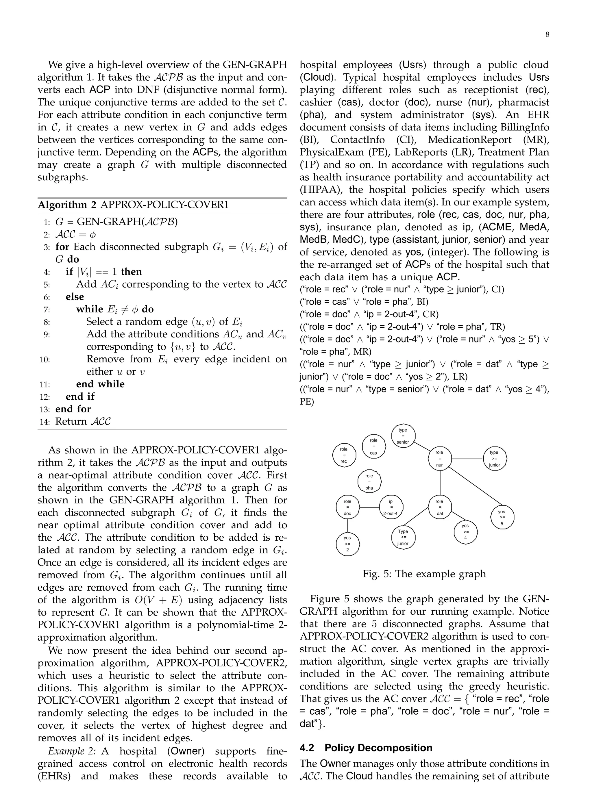 8
We give a high-level overview of the GEN-GRAPH
algorithm 1. It takes the ACPB as the input and con­
verts each ACP into DNF (disjunctive normal form).
The unique conjunctive terms are added to the set C.
For each attribute condition in each conjunctive term
in C, it creates a new vertex in G and adds edges
between the vertices corresponding to the same con­
junctive term. Depending on the ACPs, the algorithm
may create a graph G with multiple disconnected
subgraphs.
Algorithm 2 APPROX-POLICY-COVER1
1: G = GEN-GRAPH(ACPB)
2: ACC = φ
3: for Each disconnected subgraph Gi = (Vi, Ei) of
G do
4: if |Vi| == 1 then
5: Add ACi corresponding to the vertex to ACC
6: else
7: while Ei �= φ do
8:	 Select a random edge (u, v) of Ei
9:	 Add the attribute conditions ACu and ACv
corresponding to {u, v} to ACC.
10:	 Remove from Ei every edge incident on
either u or v
11: end while
12: end if
13: end for
Once an edge is considered, all its incident edges are
removed from Gi. The algorithm continues until all
edges are removed from each Gi. The running time
of the algorithm is O(V + E) using adjacency lists
to represent G. It can be shown that the APPROX­
POLICY-COVER1 algorithm is a polynomial-time 2­
approximation algorithm.
We now present the idea behind our second ap­
proximation algorithm, APPROX-POLICY-COVER2,
which uses a heuristic to select the attribute con­
ditions. This algorithm is similar to the APPROX­
POLICY-COVER1 algorithm 2 except that instead of
randomly selecting the edges to be included in the
cover, it selects the vertex of highest degree and
removes all of its incident edges.
Example 2: A hospital (Owner) supports ﬁne-
grained access control on electronic health records
(EHRs) and makes these records available to
hospital employees (Usrs) through a public cloud

(Cloud). Typical hospital employees includes Usrs

playing different roles such as receptionist (rec),

cashier (cas), doctor (doc), nurse (nur), pharmacist

(pha), and system administrator (sys). An EHR

document consists of data items including BillingInfo

(BI), ContactInfo (CI), MedicationReport (MR),

PhysicalExam (PE), LabReports (LR), Treatment Plan

(TP) and so on. In accordance with regulations such

as health insurance portability and accountability act

(HIPAA), the hospital policies specify which users

can access which data item(s). In our example system,

there are four attributes, role (rec, cas, doc, nur, pha,

sys), insurance plan, denoted as ip, (ACME, MedA,

MedB, MedC), type (assistant, junior, senior) and year

of service, denoted as yos, (integer). The following is

the re-arranged set of ACPs of the hospital such that

each data item has a unique ACP.

(“role = rec” ∨ (“role = nur” ∧ “type ≥ junior”), CI)

(“role = cas” ∨ “role = pha”, BI)

(“role = doc” ∧ “ip = 2-out-4”, CR)

((“role = doc” ∧ “ip = 2-out-4”) ∨ “role = pha”, TR)

((“role = doc” ∧ “ip = 2-out-4”) ∨ (“role = nur” ∧ “yos ≥ 5”) ∨

“role = pha”, MR)

((“role = nur” ∧ “type ≥ junior”) ∨ (“role = dat” ∧ “type ≥

junior”) ∨ (“role = doc” ∧ “yos ≥ 2”), LR)

((“role = nur” ∧ “type = senior”) ∨ (“role = dat” ∧ “yos ≥ 4”),

PE)

14: Return ACC
As shown in the APPROX-POLICY-COVER1 algo-
rithm 2, it takes the ACPB as the input and outputs
a near-optimal attribute condition cover ACC. First
the algorithm converts the ACPB to a graph G as
shown in the GEN-GRAPH algorithm 1. Then for
each disconnected subgraph Gi of G, it ﬁnds the
near optimal attribute condition cover and add to
the ACC. The attribute condition to be added is re-
lated at random by selecting a random edge in Gi.
role
=
cas role
=
nur
type
=
senior
>=
=
role
type
junior
Type
>=
junior
role
pha
role ip role
= = =
doc 2-out-4 dat yos
>=
5
=
rec
yos
>=
2
yos
>=
4
Fig. 5: The example graph
Figure 5 shows the graph generated by the GEN­
GRAPH algorithm for our running example. Notice
that there are 5 disconnected graphs. Assume that
APPROX-POLICY-COVER2 algorithm is used to con­
struct the AC cover. As mentioned in the approxi­
mation algorithm, single vertex graphs are trivially
included in the AC cover. The remaining attribute
conditions are selected using the greedy heuristic.
That gives us the AC cover ACC = { “role = rec”, “role
= cas”, “role = pha”, “role = doc”, “role = nur”, “role =
dat”}.
4.2 Policy Decomposition
The Owner manages only those attribute conditions in
ACC. The Cloud handles the remaining set of attribute
 