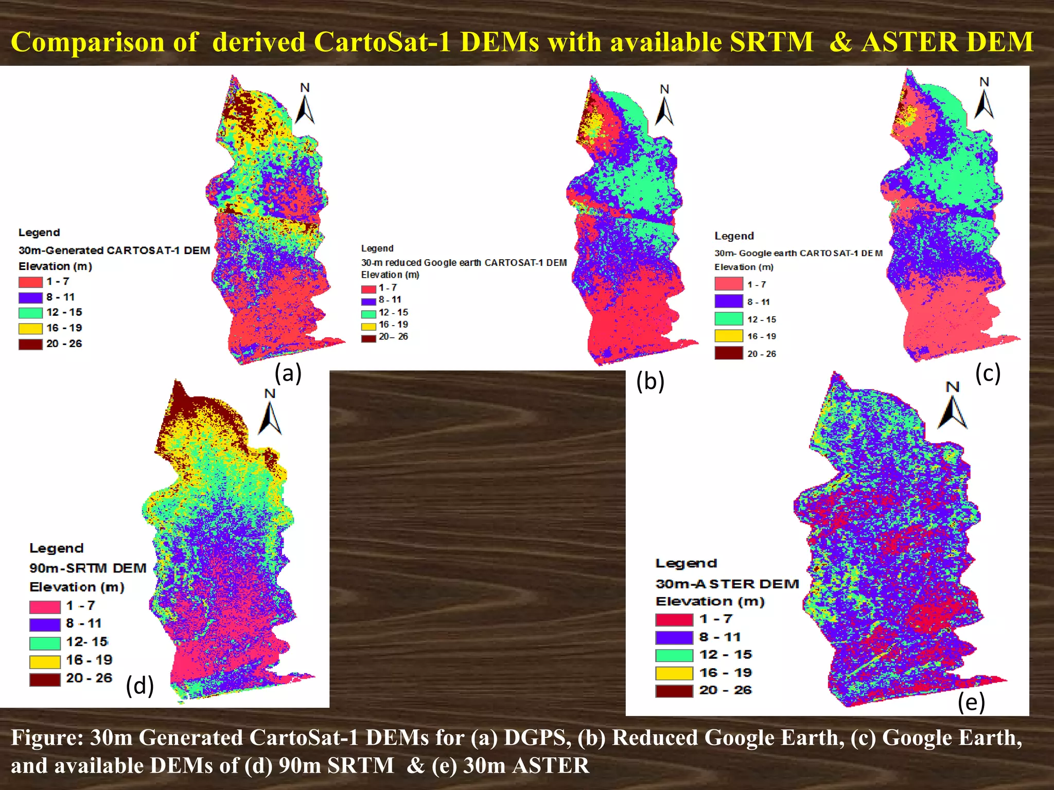 Comparison of derived CartoSat-1 DEMs with available SRTM & ASTER DEM




                        (a)                               (b)                             (c)




          (d)
                                                                                        (e)
Figure: 30m Generated CartoSat-1 DEMs for (a) DGPS, (b) Reduced Google Earth, (c) Google Earth,
and available DEMs of (d) 90m SRTM & (e) 30m ASTER
 