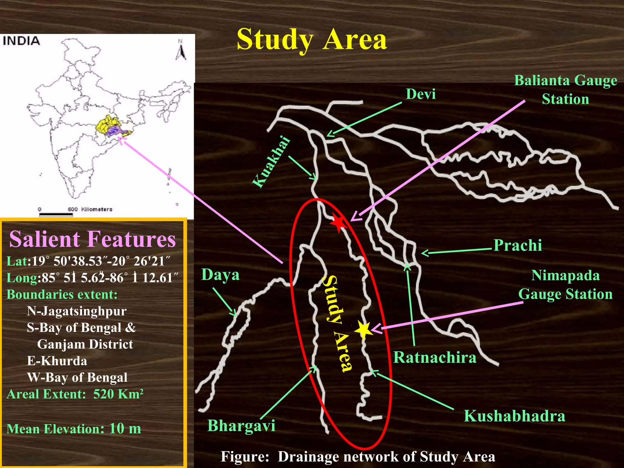 Study Area
                                                                               Balianta Gauge
                                                                 Devi              Station




                                               i
                                             ha
                                           ak
                                         Ku
Salient Features                                                             Prachi
Lat:19˚ 50'38.53˝-20˚ 26'21˝
Long:85˚ 51̍ 5.62-86˚ 1̍ 12.61˝
                 ̎                Daya                                           Nimapada

                                                   Study
Boundaries extent:                                                              Gauge Station
   N-Jagatsinghpur
   S-Bay of Bengal &                                     Area
     Ganjam District
   E-Khurda                                                     Ratnachira
   W-Bay of Bengal
Areal Extent: 520 Km2
                                                                        Kushabhadra
Mean Elevation: 10 m              Bhargavi
                                   Figure: Drainage network of Study Area
 