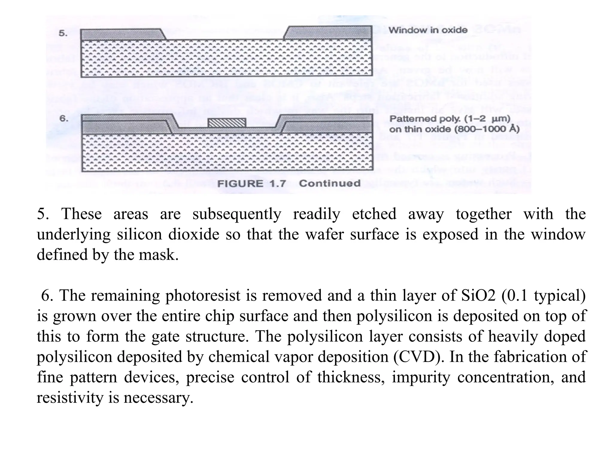 5. These areas are subsequently readily etched away together with the
underlying silicon dioxide so that the wafer surface is exposed in the window
defined by the mask.
6. The remaining photoresist is removed and a thin layer of SiO2 (0.1 typical)
is grown over the entire chip surface and then polysilicon is deposited on top of
this to form the gate structure. The polysilicon layer consists of heavily doped
polysilicon deposited by chemical vapor deposition (CVD). In the fabrication of
fine pattern devices, precise control of thickness, impurity concentration, and
resistivity is necessary.
 