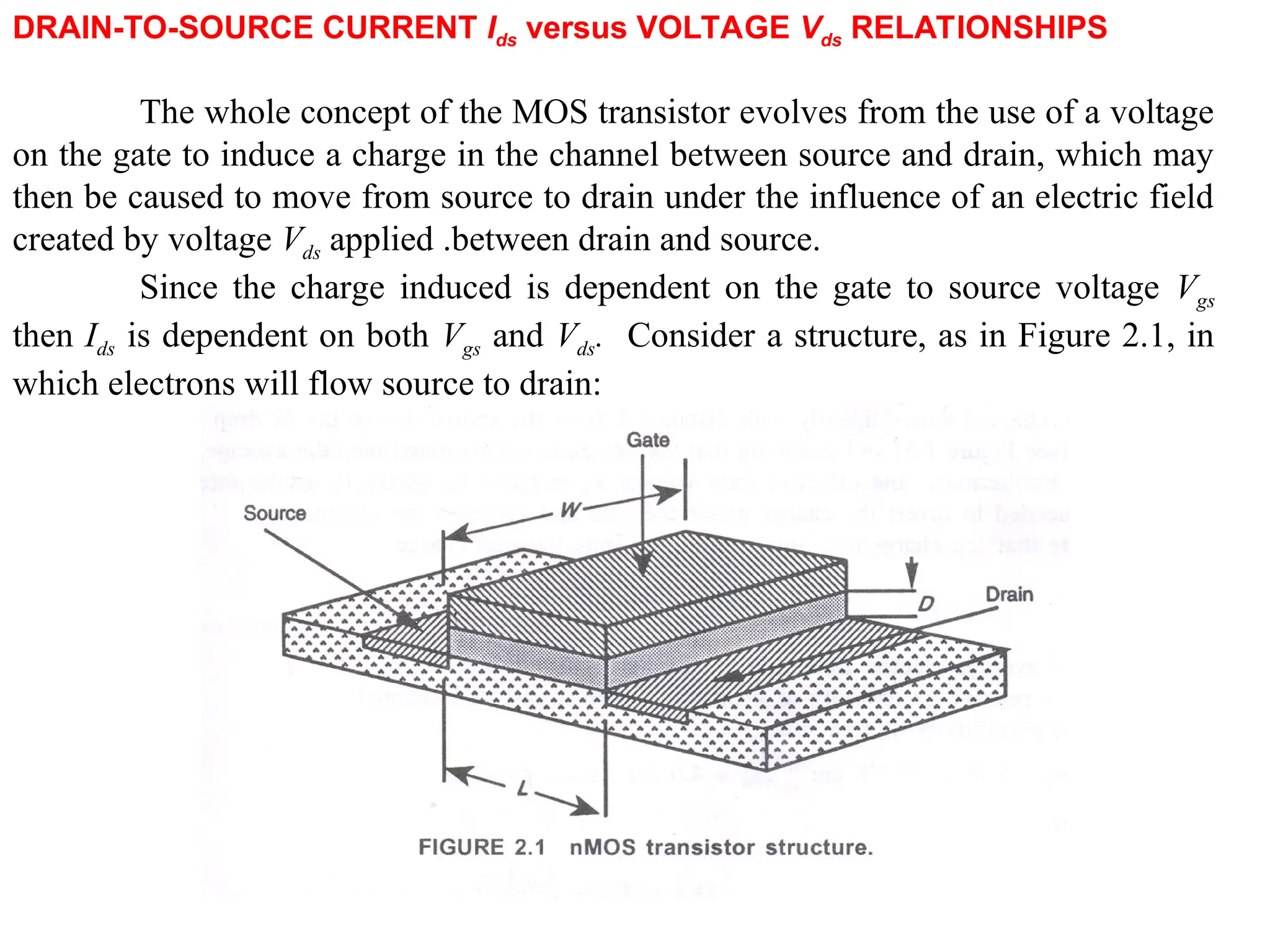 DRAIN-TO-SOURCE CURRENT Ids versus VOLTAGE Vds RELATIONSHIPS
The whole concept of the MOS transistor evolves from the use of a voltage
on the gate to induce a charge in the channel between source and drain, which may
then be caused to move from source to drain under the influence of an electric field
created by voltage Vds applied .between drain and source.
Since the charge induced is dependent on the gate to source voltage Vgs
then Ids is dependent on both Vgs and Vds. Consider a structure, as in Figure 2.1, in
which electrons will flow source to drain:
 
