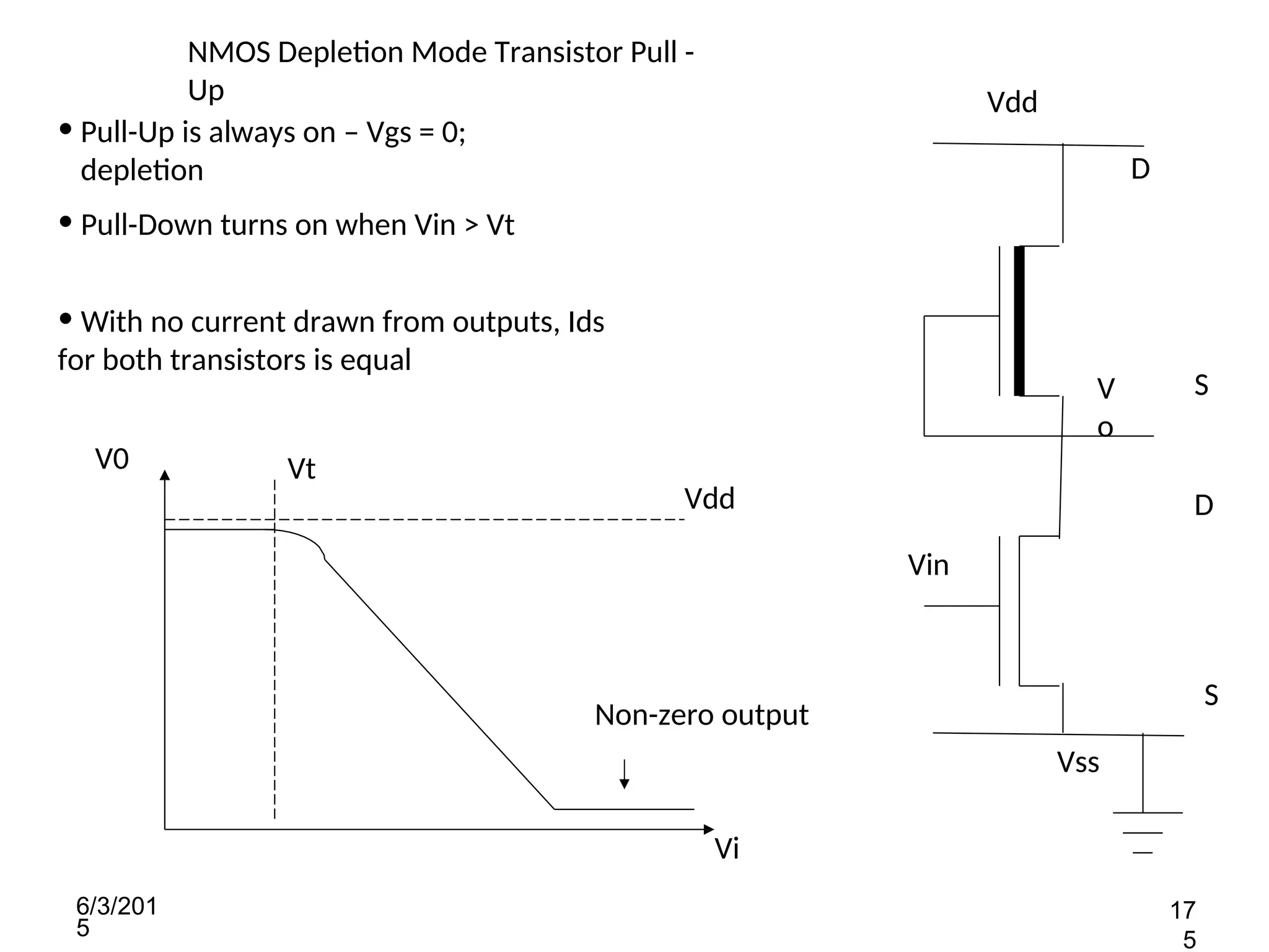 Vdd
Vss
V
o
Vin
D
S
D
S
• Pull-Up is always on – Vgs = 0;
depletion
• Pull-Down turns on when Vin > Vt
NMOS Depletion Mode Transistor Pull -
Up
Vt
V0
Vdd
Vi
• With no current drawn from outputs, Ids
for both transistors is equal
6/3/201
5
17
5
Non-zero output
 
