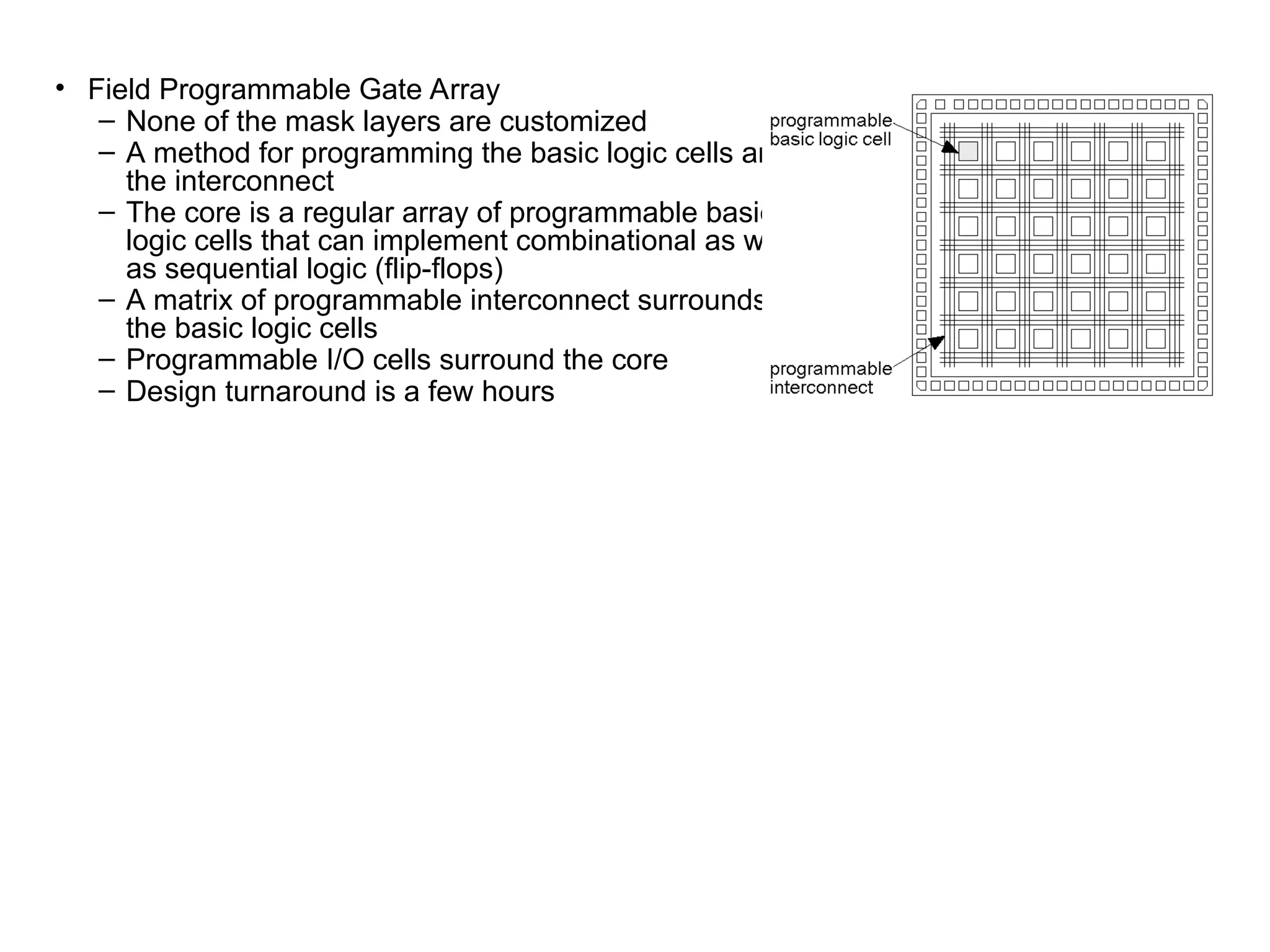 • Field Programmable Gate Array
– None of the mask layers are customized
– A method for programming the basic logic cells and
the interconnect
– The core is a regular array of programmable basic
logic cells that can implement combinational as well
as sequential logic (flip-flops)
– A matrix of programmable interconnect surrounds
the basic logic cells
– Programmable I/O cells surround the core
– Design turnaround is a few hours
 