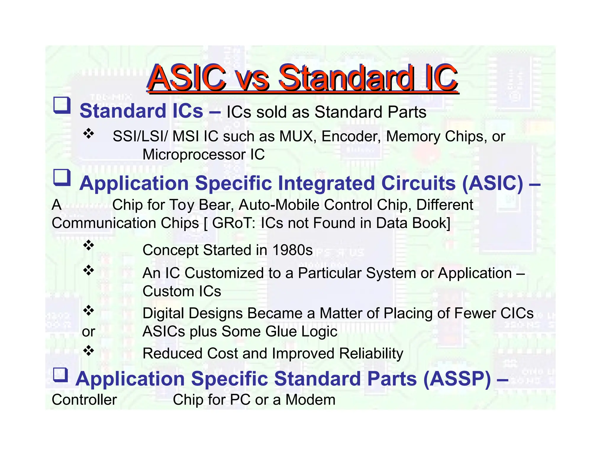 ASIC vs Standard IC
ASIC vs Standard IC
 Standard ICs – ICs sold as Standard Parts
 SSI/LSI/ MSI IC such as MUX, Encoder, Memory Chips, or
Microprocessor IC
 Application Specific Integrated Circuits (ASIC) –
A Chip for Toy Bear, Auto-Mobile Control Chip, Different
Communication Chips [ GRoT: ICs not Found in Data Book]
 Concept Started in 1980s
 An IC Customized to a Particular System or Application –
Custom ICs
 Digital Designs Became a Matter of Placing of Fewer CICs
or ASICs plus Some Glue Logic
 Reduced Cost and Improved Reliability
 Application Specific Standard Parts (ASSP) –
Controller Chip for PC or a Modem
 