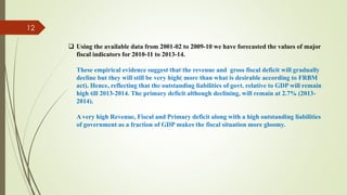  Using the available data from 2001-02 to 2009-10 we have forecasted the values of major
fiscal indicators for 2010-11 to 2013-14.
These empirical evidence suggest that the revenue and gross fiscal deficit will gradually
decline but they will still be very high( more than what is desirable according to FRBM
act). Hence, reflecting that the outstanding liabilities of govt. relative to GDP will remain
high till 2013-2014. The primary deficit although declining, will remain at 2.7% (2013-
2014).
A very high Revenue, Fiscal and Primary deficit along with a high outstanding liabilities
of government as a fraction of GDP makes the fiscal situation more gloomy.
12
 