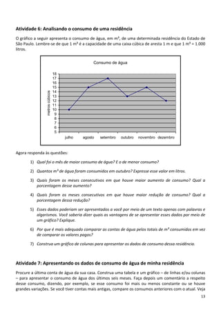 Atividade 6: Analisando o consumo de uma residência 
O gráfico a seguir apresenta o consumo de água, em m³, de uma determinada residência do Estado de 
São Paulo. Lembre‐se de que 1 m³ é a capacidade de uma caixa cúbica de aresta 1 m e que 1 m³ = 1.000 
litros. 
Consumo de água
5
6
7
8
9
10
11
12
13
14
15
16
17
18
julho agosto setembro outubro novembro dezembro
metroscúbicos
Agora responda às questões: 
1) Qual foi o mês de maior consumo de água? E o de menor consumo? 
2) Quantos m³ de água foram consumidos em outubro? Expresse esse valor em litros. 
3) Quais  foram  os  meses  consecutivos  em  que  houve  maior  aumento  de  consumo?  Qual  a 
porcentagem desse aumento? 
4) Quais  foram  os  meses  consecutivos  em  que  houve  maior  redução  de  consumo?  Qual  a 
porcentagem dessa redução? 
5) Esses dados poderiam ser apresentados a você por meio de um texto apenas com palavras e 
algarismos. Você saberia dizer quais as vantagens de se apresentar esses dados por meio de 
um gráfico? Explique. 
6) Por que é mais adequado comparar as contas de água pelos totais de m³ consumidos em vez 
de comparar os valores pagos? 
7) Construa um gráfico de colunas para apresentar os dados de consumo dessa residência. 
Atividade 7: Apresentando os dados de consumo de água de minha residência 
Procure a última conta de água da sua casa. Construa uma tabela e um gráfico – de linhas e/ou colunas 
– para apresentar o consumo de água dos últimos seis meses. Faça depois um comentário a respeito 
desse  consumo,  dizendo,  por  exemplo,  se  esse  consumo  foi  mais  ou  menos  constante  ou  se  houve 
grandes variações. Se você tiver contas mais antigas, compare os consumos anteriores com o atual. Veja 
13 
 
