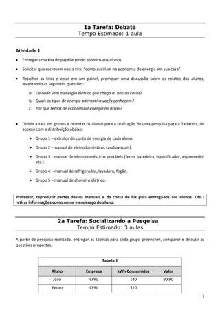 3
1a Tarefa: Debate
Tempo Estimado: 1 aula
Atividade 1 
• Entregar uma tira de papel e pincel atômico aos alunos. 
• Solicitar que escrevam nessa tira: “como auxiliam na economia de energia em sua casa”.   
• Recolher  as  tiras  e  colar  em  um  painel,  promover  uma  discussão  sobre  os  relatos  dos  alunos, 
levantando as seguintes questões: 
a. De onde vem a energia elétrica que chega às nossas casas?  
b. Quais os tipos de energia alternativa vocês conhecem? 
c. Por que temos de economizar energia no Brasil? 
• Dividir a sala em grupos e orientar os alunos para a realização de uma pesquisa para a 2a tarefa, de 
acordo com a distribuição abaixo: 
Grupo 1 – extratos da conta de energia de cada aluno. 
Grupo 2 ‐ manual de eletrodomésticos (audiovisuais). 
Grupo 3 ‐ manual de eletrodomésticos portáteis (ferro, batedeira, liquidificador, espremedor 
etc.). 
Grupo 4 – manual de refrigerador, lavadora, fogão. 
Grupo 5 – manual de chuveiro elétrico. 
Professor,  reproduzir  partes  desses  manuais  e  da  conta  de  luz  para  entregá‐los  aos  alunos.  Obs.: 
retirar informações como nome e endereço do aluno. 
2a Tarefa: Socializando a Pesquisa
Tempo Estimado: 3 aulas
 
A partir da pesquisa realizada, entregar as tabelas para cada grupo preencher, comparar e discutir as 
questões propostas. 
Tabela 1 
Aluno  Empresa  kWh Consumidos  Valor 
João  CPFL  140  90,00 
Pedro  CPFL  320   
 