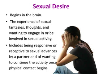 Sexual Desire
• Begins in the brain.
• The experience of sexual
fantasies, thoughts, and
wanting to engage in or be
involved in sexual activity.
• Includes being responsive or
receptive to sexual advances
by a partner and of wanting
to continue the activity once
physical contact begins.
 