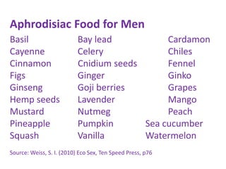 Aphrodisiac Food for Men
Basil Bay lead Cardamon
Cayenne Celery Chiles
Cinnamon Cnidium seeds Fennel
Figs Ginger Ginko
Ginseng Goji berries Grapes
Hemp seeds Lavender Mango
Mustard Nutmeg Peach
Pineapple Pumpkin Sea cucumber
Squash Vanilla Watermelon
Source: Weiss, S. I. (2010) Eco Sex, Ten Speed Press, p76
 