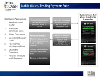 Mobile Wallet / Pending Payments Suite

                                                                                       Customer uses their
                                                                                        phone to authorize
Real World Applications:                                                                   transaction
                           Consumer buys goods            Merchant processes
1.   Retail brick and        and services from             transaction using
     mortar                 Merchant w/ MTEL                 MTEL CASH s
                                  CASH                      simple API suite
2.   Internet e-
     commerce sales
3.   Street Commerce       Merchant Benefits:              Money is debited
4.   Government supply                                     from Customer s
                           Merchant pays a fixed              account and
     chain                 $.15 per transaction vs.            credited to
5.   Non manned            1.5% to 2.5% of                merchant s account
                           revenue
     vending machines
6.   Charitable            Virtually eliminates bad
     Donations             debt and credit card
                           theft
7.   Request Money to
     multiple people       Speeds up transaction




                              Monolex Telecom Confidential & Proprietary Information
 