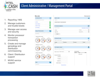Client Administrative / Management Portal


1. Reporting / MIS
2. Manage customers
   and trouble tickets
3. Manage user access
   and security
4. Monitor processor
   transaction
   processing
5. Create and manage
   genealogy and
   distribution
   commissioning
6. Client / Distribution
   support
7. MVNO service
   support




                            Monolex Telecom Confidential & Proprietary Information
 