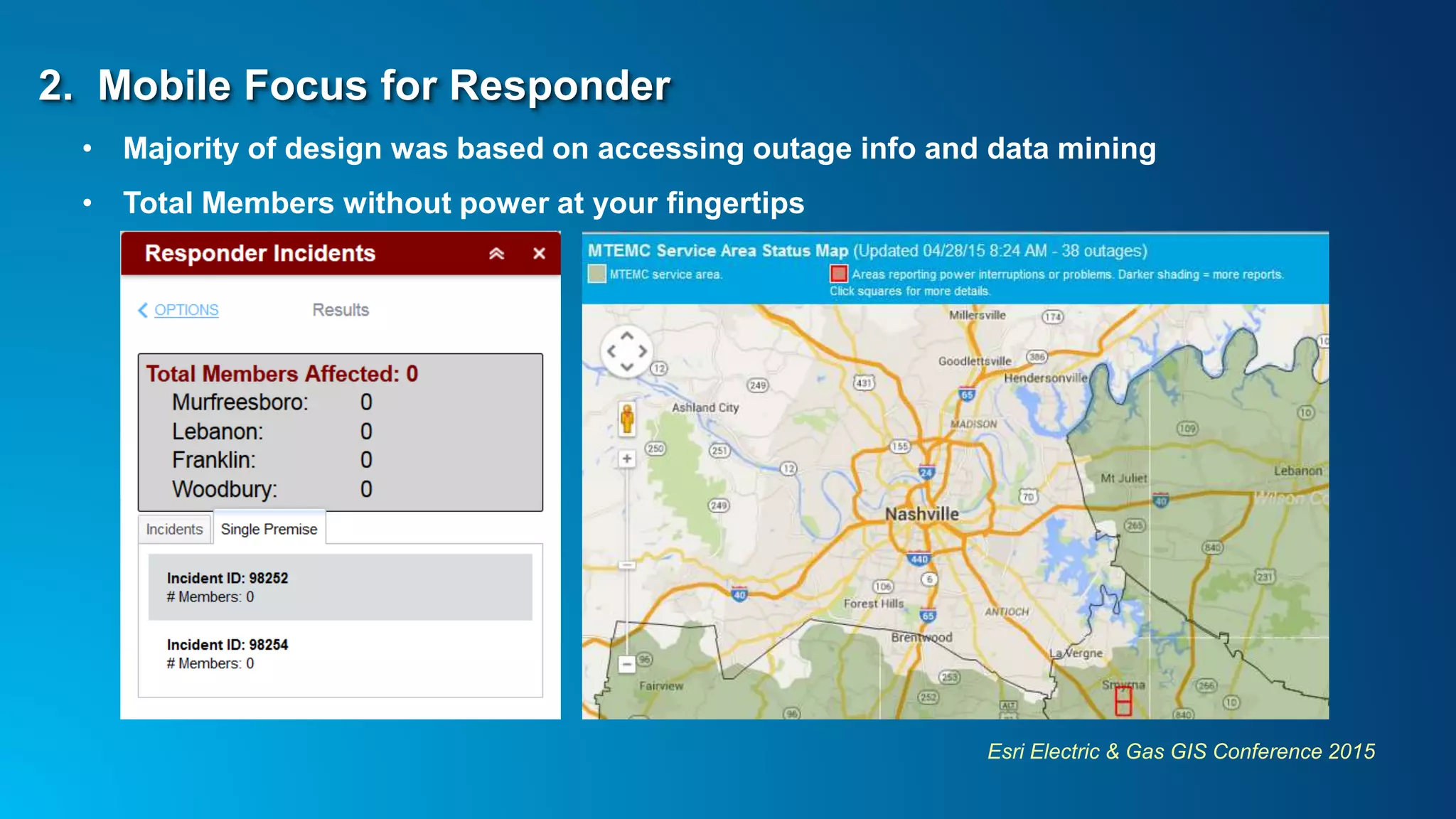 Esri Electric & Gas GIS Conference 2015
2. Mobile Focus for Responder
• Majority of design was based on accessing outage info and data mining
• Total Members without power at your fingertips
 