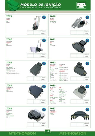 MTE-THOMSONMTE-THOMSON
16
MTE-THOMSONMTE-THOMSON
81
7081
9942040
FIAT
TIPO
1.6 ie 90/93.
7084
30120-PM5-A01
HONDA
CIVIC
1.5, 1.6 89/92.
7085
867.905.352
AUDI
80
1.6, 2.0 91/.
A3
1.8 Todos.
FORD
ESCORT, VERONA
1.8, 2.0 94/.
SEAT
CORDOBA
1.4i, 1.6i Todos.
7080
1227022034
VOLVO
850
2.0, 2.5 92/.
7079
34124529
VOLVO
440, 460, 480
1.8, 2.0 91/93.
7083
9453130480
CITROËN
AX
1.0, 1.1, 1.4 90/96.
BERLINGO
1.4 96/98.
BX
15, 16, 19 90/93.
JUMPER
2.0 94/02.
XM
2.0 90/93.
ZX
1.1, 1.4 91/97.
7086
357.905.352
VW
GOLF, PASSAT
2.8 91/.
GOLF I CABRIOLET
2.8 91.
7078
7538796
SAAB
900
2.0 87/.
7082
7076168
FIAT
ELBA, PRÊMIO
1.5 8V (E201) 91/93.
FIORINO
1.5 8V (E201) 89/93.
UNO
1.0, 1.3, 1.5 8V (E201) 91/93.
9753182280
FIAT
DUCATO 2.0 94/01.
5945.55 / 5945.45
PEUGEOT
106
1.0, 1.1, 1.4 91/96.
205
1.0, 1.1, 1.4 90/.
405
1.4, 1.6, 1.9 90/93.
BOXER 2.0 94/.
PARTNER 1.4 96/97.
VW
APOLLO
1.8 92/.
CARAVELLE 1.8 91/.
GOLF, PASSAT
1.8, 2.0 91/.
LOGUS, POINTER
1.8, 2.0 94/.
POLO
1.3 90/.
TRANSPORTER
2.0 90/.
VENTO
1.4, 1.8, 2.0 91/.
Nº de pinos
4 pinos
Nº de pinos
4 pinos
Nº de pinos
4 pinos
Nº de pinos
2 pinos
Nº de pinos
3 pinos
Nº de pinos
3 pinos
Nº de pinos
4 pinos
Nº de pinos
3 pinos
Nº de pinos
3 pinos
7087
MD618293
MITSUBISHI
LANCER
1.5 90/92.
Nº de pinos
4 pinos
MÓDULO DE IGNIÇÃO
IGNITION MODULE MODULO DE ENCENDIDO
8826.40.057
1628.HN
4677.80
PEUGEOT
206
1.6 16V 01/.
1.4 04/05.
306
1.6, 1.8 16V, 2.0 95/02.
307
1.6, 1.6 16V 00/.
406
2.0 16V, 3.0 99/04.
407
3.0 V6 04/.
8826.40.041
1628.CW
1628.HR
PEUGEOT
106
1.0 96/05.
206
1.6 8V 99/03.
207
1.6 16V 06/.
306
1.4, 1.6 97/02.
307
1.6 16V 02/.
1.6i 04/05.
406
1.8 16V, 3.0 V6 95/04.
606
3.0 V6 24V 00/.
607
3.0i 00/00.
806
2.0 16V 00/02.
807, C8
2.0, 2.2, 3.0 V6 02/.
2.0i 16V 02/.
C5
3.0 V6 01/.
PARTNER
1.4 96/.
96229974
96229997
96359782
CITROËN
BERLINGO
1.4 96/.
EVASION
2.0 16V 00/02.
JUMPY
2.0, 2.0 16V 00/.
SAXO
1.4, 1.6 96/.
XANTIA
1.8 16V 97/03.
XSARA
1.4, 1.6 97/05.
XSARA PICASSO
2.0i 16V 00/.
Gas./Planar
96229975
CITROËN
BERLINGO
1.6 16V 00/.
C2
1.1, 1.6 03/.
C3
1.6, 1.6 16V 02/.
C4
1.6 16V, 2.0 04/.
C5
1.8 16V, 2.0 16V, 3.0 V6 01/.
C6
3.0 V6 05/.
C8
3.0 V6 02/.
JUMPER
2.0 02/.
SAXO
1.4, 1.6 96/.
1.6 VTS 00/.
XANTIA
1.8 16V 98/03.
XSARA
1.6 16V, 2.0 16V 00/.
XSARA PICASSO
1.6 16V FLEX 05/.
607
3.0 V6 01/.
BOXER
2.0 02/.
Gas./Planar
B C PB
B C PB
4
Planar
L = 41
4
Planar
L = 57
8834.40.033
46751082
55194237
FIAT
DOBLÒ
1.3 MPI 16V 01/06.
IDEA
1.4 8V, FLEX 05/.
STILO
2.4 20V 02/.
Gas./Planar
P C B B
4
Planar
L = 33
8813.40.022
39210-23500
39210-23710
HYUNDAI
COUPE
2.0 16V 01/04.
ELANTRA HATCHBACK
2.0i 16V 00/03.
2.0i 16V 03/.
MATRIX
1.8i 01/.
Gas./Planar
B
BC
P
4
Planar
L = 22
8813.47.022
39210-23710
HYUNDAI
TUCSON
2.0i 04/.
Gas./Planar
P
BB
C
4
Planar
L = 22
8818.40.040
96VB-9F472-CA
FORD
COURIER
1.4L Zetec-SE 1.6V 97/99.
FIESTA
1.4 16V 97/99.
Gas./Planar
C B
P B
4
Planar
L = 40
8820.40.043
F5MF-9F472-BA
XL3Z-9F472-AA
FORD
EXPLORER
4.0 98/00.
RANGER
2.3 16V 01/.
Gas./Planar
B B
PC
4
Planar
L = 43
8826.40.045
9662925520
PEUGEOT
307
2.0 16V 06/.
Gas./Planar
B C PB
4
Planar
L = 45
SENSOR LAMBDA PLANAR
OXYGEN SENSOR
 