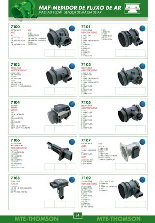 MTE-THOMSONMTE-THOMSON
24
MTE-THOMSONMTE-THOMSON
73
7100
037.906.461.C
AUDI
A3
1.8 20V Turbo 96/.
A4
1.8 20V Turbo 97/00.
A6
1.8 20V Turbo 97/05.
7101
112.094.00.48
MERCEDES-BENZ
C 240, E 240
2.4 18V 97/.
C 280
2.8 18V, 2.8T 18V 97/00.
C 320
3.2 18V 00/.
CLK 240
2.4 18V 02/.
CLK 320
3.2 18V 02/.
E 280
2.8 18V 96/02.
7102
000.094.10.48
MERCEDES-BENZ
C 280, S 280
2.8 24V 93/00.
S 300 SE
3.0 24V 91/98.
S 320
3.2 24V 91/98.
SPRINTER 2-T BOX
208, 211, 213 16V CDI 00/06.
7103
000.094.05.48
MERCEDES-BENZ
C 280, SL 280
2.8 24V 93/01.
E 280
2.8 24V, 2.8T 24V 93/97.
E 320, G 320
3.2 24V, 3.2T 24V 93/97.
S 280
2.8 24V 93/98.
S 300
3.0 24V 91/98.
SL 320
3.2 24V 93/01.
7104
3517020
8602792
VOLVO
240
2.3i 8V CAT 86/93.
740
2.3 8/16V 87/92.
760
2.3 8V 88/92.
940
2.0 8V, 1.3 16V 92/94.
2.3 8V, 2.3 8V Turbo 90/98.
7105
000.094.00.48
MERCEDES-BENZ
C 180
1.8 16V 93/00.
C 200
2.0 16V 94/00.
C 220
2.2 16V 93/00.
E 220
2.2 16V 93/97.
E 230
2.3 16V 95/97.
7106
611.094.00.48
A.611.094.00.48
MERCEDES-BENZ
A 170 CDI
1.7 16V CDI 98/04.
C 200 CDI
2.0 16V CDI 98/.
C 220 CDI
2.2 16V CDI 97/.
C 270 CDI
2.7 20V CDI 00/.
S 320 CDI
3.2 24V CDI 99/02.
7107
037.906.461.B
AUDI
A4
1.6 8V, 1.8 20V 95/00.
A6
1.8 20V 95/97.
SEAT
CORDOBA, IBIZA
1.6i 8V 96/99.
2.0i 8V 93/99.
7108
22204-22010
TOYOTA
COROLLA
1.4, 1.6, 1.8 VVT-i 16V 02/04.
RAV 4 II
2.0 VVT-i 16V 4WD 00/.
7109
113.094.00.48
MERCEDES-BENZ
CL 500 Coupe
5.0 24V 99/06.
CL 600 Coupe
6.0 36V 99/06.
CLK 430
4.3 24V 98/02.
CLK 500
5.0 32V 02/.
CLS 500
5.0 24V 04/.
CLS 55 AMG
55 AMG 24V 05/.
E 320
3.2 18V 97/.
ML 320
3.2 18V 98/02.
SLK 320
3.2 18V 00/04.
VW
GOLF III
1.6 8V 95/97.
2.0 8V 91/97.
PASSAT
1.6 8V 94/96.
2.0 8V, 2.0 8V Syncro 90/96.
PASSAT, VARIANT
2.0 AP EFI Digital 94/97.
CLS 55 AMG, SL 500
5.0 24V 98/.
E 430
4.3 24V, 4.3T 24V 97/02.
E 500
5.0 24V 02/.
VW
BORA
1.8T 20V 00/05.
GOLF A4
1.8L Turbo 20V 150HP 98/99.
1.8L Turbo 20V 150HP 99/05.
PASSAT
1.8T 20V 96/.
MAF-MEDIDOR DE FLUXO DE AR
MASS AIR FLOW SENSOR DE MASSA DE AR
7740.40
REPAROS DO CONECTOR
DIVERSOS
FIAT
Motor de Passo
RENAULT
Bobina
7742.30
REPAROS DO CONECTOR
DIVERSOS
FIAT
Diagnóstico
GM
Bobina
RENAULT
Sensor MA
7742.40
REPAROS DO CONECTOR
DIVERSOS
FIAT
Motor de Passo
GM
Módulo HEI
Motor de Passo
7743.20
REPAROS DO CONECTOR
DIVERSOS
FIAT
Plug Eletrônico
Bico Injetor Bosch
Sensor Rotação
FORD
Atuador M.lenta
GM
Bico Injetor
Partida a frio
Motor de Passo
Plug Eletrônico
Bico Injetor
7740.30
REPAROS DO CONECTOR
DIVERSOS
GM
7741.20
REPAROS DO CONECTOR
DIVERSOS
FIAT
7741.30
REPAROS DO CONECTOR
DIVERSOS
GM
7741.31
REPAROS DO CONECTOR
DIVERSOS
FIAT
7741.33
REPAROS DO CONECTOR
DIVERSOS
GM
7742.20
REPAROS DO CONECTOR
DIVERSOS
FIAT
Sensor MAP
Bobina Sensor TPS
Eletroventilador Eletroventilador
Bico Injetor
MM
REPAROS ELETRÔNICOS
REPAIR REPUESTOS
 