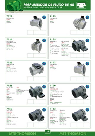 MTE-THOMSONMTE-THOMSON
26
MTE-THOMSONMTE-THOMSON
71
7125
06A.906.461.D
AUDI
A3
1.8 20V Turbo 00.
1.820VTurbo(EA113)00/04.
A4
1.8 20V Turbo 95/00.
A6
1.8 20V Turbo 97/05.
TT
1.8 20V Turbo 98/.
7126
93BB-12B579-BA
FORD
ESCORT
Zetec 1.8L 16V 96/02.
MONDEO
Zetec-E 2.0L 16V 96/98.
7127
F2VF-12B579-AA
FORD
MUSTANG
3.8, 5.0 94/95.
7128
06A.906.461.A
AUDI
A3
1.8 99/.
1.8 (Motor EA113) 00/05.
SEAT
LEON
1.8 20V 99/.
TOLEDO
1.8 20V 99/06.
7122
F6TZ-12B579-EA
FORD
RANGER
2.3 94/97.
7123
F1ZF-12B579-AA
FORD
TAURUS
3.0 89/95.
7124
F0TZ-12B579-A
FO7Z-12B579-AA-RM
FORD
EXPLORER XLT
4.0L OHV V6 92/95.
RANGER
4.0L V6 94/95.
7153
06A.906.461.G
AUDI
A3
1.8 20V 96/.
06A.906.461.G
SEAT
ALHAMBRA
1.8T 20V, 2.0i 8V 96/.
CORDOBA
2.0 8V 02/.
7152
28164-37200
HYUNDAI
SANTA FÉ
2.7 V6 24V 4x4 01/.
TUCSON
2.7 24V All-Whell Drive 04/.
KIA
MAGENTIS
2.5 V6 24V 01/.
SPORTAGE
2.7 V6 24V 4WD 04/.
7129
46447508
ALFA ROMEO
145, 146, 156
1.6, 1.8 TWIN SPARK 16V 96/01.
156
2.0 TWIN SPARK 16V 99/02.
SPIDER
2.0 TWIN SPARK 16V 98/00.
46541253
60814852
FIAT
MAREA, MAREA WEEKEND
2.4 MPI 20V 01/03.
06A.906.461.DX
SEAT
CORDOBA, IBIZA
1.8T 20V 00/02.
CORDOBA 1.6 8V 00/04.
06A.906.461.D
VW
GOLF A4
1.8 20V Turbo (Motor EA113) 00/01.
PASSAT, VARIANT
1.8 Turbo 99/01.
VW
GOLF A4
2.0 8V 115CV (Motor EA113) 99/01.
8V 115CV 01/02.
NEW BEETLE
2.0 8V 99/.
1JD.906.461
VW
GOLF (MY08)
2.0L 07/.
GOLF A4
2.0L8V115HP(EA113)00/01.
2.0L 8V 01/07.
NEW BEETLE
1.8T 20V 01/05.
2.0 8V 98/.
TOUAREG
4.2 V8 40V 02/.
MAF-MEDIDOR DE FLUXO DE AR
MASS AIR FLOW SENSOR DE MASSA DE AR
7737
FILTROS PARA
BICOS INJETORES
FORD
7738
FILTROS PARA
BICOS INJETORES
FORD
7739
FILTROS PARA
BICOS INJETORES
FIAT
RENAULT
7753
FILTROS PARA
BICOS INJETORES
GM
7756
FILTROS PARA
BICOS INJETORES
FIAT
7766
25160047
FILTROS PARA BOMBAS
DE COMBUSTÍVEL
GM
7769
FILTROS PARA BOMBAS
DE COMBUSTÍVEL
FORD
7770
FILTROS PARA BOMBAS
DE COMBUSTÍVEL
FORD
VW
7783
FILTROS PARA BOMBAS
DE COMBUSTÍVEL
FIAT
FORD
RENAULT
VW
7784
FILTROS PARA BOMBAS
DE COMBUSTÍVEL
FIAT
FORD
VW
Motor Zetec Motor Zetec
Bosch 1.7 Rochester
Magnetti-Marelli
Gás. Marwal
Marwal
Gasolina
Marwal
Álcool
REPAROS ELETRÔNICOS
REPAIR REPUESTOS
 