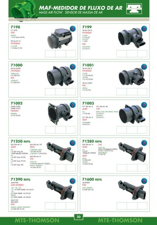MTE-THOMSONMTE-THOMSON
30
MTE-THOMSONMTE-THOMSON
67
7641
FIAT
7642
FIAT
7643
FORD
VW
7644
FORD
VW
7645
FORD
VW
7646
FORD
VW
7647
FORD
VW
7648
VW
7649
FORD
7650
VW
7651
VW
7652
FIAT
VW
7653
VW
7654
VW
7655
VW
7656
VW
7657
VW
7658
VW
7659
GM
7660
GM
KIT DE JUNTAS
GASKET REPUESTO
7199
28164-22610
HYUNDAI
COUPE
2.7 V6 02/.
ACCENT
1.3 00/.
KIA
MAGENTIS
2.5 V6 01/.
71000
28164-4A000
HYUNDAI
TERRACAN
2.9 CRDI 03/.
KIA
SORENTO
2.5 CRDI 02/.
71001
28164-23010
HYUNDAI
COUPE
1.6 16V 98/02.
LANTRA
1.8 16V 95/00.
28164-23200
KIA
SEPHIA
1.8 16V 95/.
71002
22680-7F400
22680-7F425
NISSAN
PRIMERA
2.0 TD 96/02.
71003
071.906.461.B
AUDI
A4
1.9 TDI 00/.
071.906.461.B
SEAT
ALHAMBRA
2.8 V6 01/.
7198
7711878
FIAT
PUNTO
1.4 GT Turbo 94/96.
28164-22110
HYUNDAI
S COUPE
1.5 Turbo 91/96.
71280 REFIL
06A.906.461.A
AUDI
A3
1.8 99/.
1.8(MotorEA113)00/05.
SEAT
LEON
1.8 20V 99/.
TOLEDO
1.8 20V 99/06.
71250 REFIL
06A.906.461.D
AUDI
A3
1.8 20V Turbo 00.
1.820VTurbo(EA113)00/04.
A4
1.8 20V Turbo 95/00.
A6
1.8 20V Turbo 97/05.
TT
1.8 20V Turbo 98/.
71290 REFIL
46447508
ALFA ROMEO
145, 146, 156
1.6, 1.8 TWIN SPARK 16V 96/01.
156
2.0 TWIN SPARK 16V 99/02.
SPIDER
2.0 TWIN SPARK 16V 98/00.
46541253
60814852
FIAT
MAREA, MAREA WEEKEND
2.4 MPI 20V 01/03.
071.906.461.BX
VW
BORA, GOLF, NEW BEETLE, PASSAT
2.3 V5 01/.
SHARAN
2.8 V6 01/.
06A.906.461.DX
SEAT
CORDOBA, IBIZA
1.8T 20V 00/02.
CORDOBA 1.6 8V 00/04.
06A.906.461.D
VW
GOLF A4
1.8 20V Turbo (Motor EA113) 00/01.
PASSAT, VARIANT
1.8 Turbo 99/01.
VW
GOLF A4
2.08V115CV(MotorEA113)99/01.
2.0 8V 115CV 01/02.
NEW BEETLE
2.0 8V 99/.
MAF-MEDIDOR DE FLUXO DE AR
MASS AIR FLOW SENSOR DE MASSA DE AR
71600 REFIL
46559828
FIAT
STILO ABARTH
2.4 MPI 20V 03/.
 