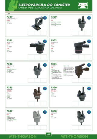 MTE-THOMSONMTE-THOMSON
40
MTE-THOMSONMTE-THOMSON
57
7478
17111460
GM
SILVERADO
5.7, 6.5 92/.
7488
17071826
17111826
GM
7492
17112898
GM
7489
17111809
17112203
GM
7493
53030657AB
CHRYSLER
DAKOTA
3.9, 5.2 97/99.
7490
4861083
CHRYSLER
STRATUS
2.5 95/98.
7491
17111788
GM
7494
17112349
GM
7495
17112929
GM
7496
4637071
CHRYSLER
GRAND CHEROKEE
4.0 94/97.
WRANGLER
4.0 91/97.
FOTO ILUSTRATIVA
FOTO ILUSTRATIVA
IAC-MOTOR DE PASSO
IDLE AIR CONTROL ACTUADOR DE RALENTÍ
7329
1S65-9S430-AA Suporte
FORD
FIESTA
1.0, 1.6 00/.
7330
377.906.291
VW
GOL, PARATI, SAVEIRO
1.0, 1.6 94/.
QUANTUM, SANTANA
1.8, 2.0 94/.
7331
1JO.906.517.F
AUDI
A3
1.6, 1.8 99/.
VW
GOLF
1.6, 1.8 99/.
7332
1JO.906.517.G
AUDI
A3
2.0 99/.
VW
GOLF
2.0 99/.
7336
2580048-A
RENAULT
CLIO
1.0 00/.
SCÉNIC
1.6, 2.0 00/.
7335
9640006180
CITROËN
C3
1.0 04/.
PICASSO
2.0 02/.
XSARA
1.8, 2.0 99/.
7334
55183807
FIAT
FIORINO
1.3 MPI FIRE 8V 04/.
IDEA, STRADA, PALIO
1.4 MPI FIRE FLEX 8V 06/.
PALIO
1.0 MPI FIRE 8V 01/05.
1.0 MPI FIRE FLEX 8V 06/.
1.3 MPI FIRE 8V 03.
1.3 MPI FIRE FLEX 8V 04/05.
7333
1S65-9C915-AA
FORD
COURIER, FIESTA, KA
1.0, 1.6 00/.
ECOSPORT
1.0, 1.6, 2.0 03/.
7337
46848529
FIAT
DOBLÒ
1.6 MPI 16V 04/05.
1.8 MPI 8V 04/06.
PALIO, SIENA, STRADA
1.8 MPI 8V 03/.
7338
6QE.906.517
VW
POLO
1.0, 1.6 02/.
SIENA, UNO
1.0 MPI FIRE 8V 02/06.
1.0 MPI FIRE FLEX 8V 06/.
1.3 MPI FIRE 8V 03/04.
SIENA
1.3 MPI FIRE FLEX 8V 05.
1.4 MPI FIRE FLEX 8V 06/.
STRADA
1.3 MPI FIRE 8V 03/05.
ELETROVÁLVULA DO CANISTER
CANISTER VALVE ELETROVÁLVULA DO CANISTER
 