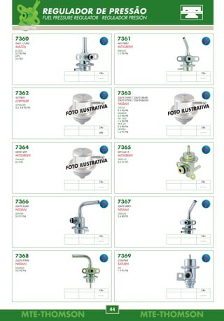 MTE-THOMSONMTE-THOMSON
44
MTE-THOMSONMTE-THOMSON
53
7360
G601-13-280
MAZDA
B 2200
2.2 90/94.
MPV
2.6 90/.
7361
MD178001
MITSUBISHI
MIRAGE
1.5 93/96.
7362
5277829
CHRYSLER
VOYAGER
3.3, 3.8 92/95.
7363
22670-74T00 / 22670-38U00
22670-57Y00 / 22670-86G00
NISSAN
240 SX
2.4 90/98.
MAXIMA
3.0 95/98.
NX 1600
1.6 95/98.
PICK-UP
2.4 90/94.
SENTRA
1.6 91/94.
7367
22670-30R01
NISSAN
STANZA
2.4 90/93.
7366
22670-53J00
NISSAN
SENTRA
2.0 91/94.
7365
MD164615
MITSUBISHI
3000 GT
3.0 91/97.
7364
MD301409
MITSUBISHI
GALANT
2.5 95/.
7368
22670-97E00
NISSAN
MAXIMA
3.0 92/94.
7369
21007005
SATURN
SL2
1.9 91/94.
Obs
--------
Obs
--------
Obs
MPI
Obs
--------
Obs
--------
Obs
--------
Obs
--------
Obs
--------
Obs
--------
Obs
--------
FOTO ILUSTRATIVA
FOTO ILUSTRATIVA
FOTO ILUSTRATIVA
REGULADOR DE PRESSÃO
FUEL PRESSURE REGULATOR REGULADOR PRESIÓN
7437
40440302
VW
POLO
1.6, 1.8 8V MPI 02/ Gas.
QUANTUM, SANTANA
1.8, 2.0 8V MPI 02/ Gas.
7434
0345.95
PEUGEOT
206
1.6 8V MPI Todos.
7431
77.00.273.699
RENAULT
CLIO, KANGOO
1.6 8V 00/ Gas.
7430
IB-02/00
FIAT
BRAVA, DOBLÒ, MAREA, PALIO, SIENA, STRADA
1.6 16V FIRE 01/ Gas.
7429
40442902
FIAT
PALIO, SIENA, UNO
1.0, 1.3, 1.4 8/16V FIRE 01/ Gas.
7428
77.00.105.042
RENAULT
CLIO, KANGOO, TWINGO
1.0 8V 00/ Gas.
7427
2S6A-9F715-BB
FORD
ECOSPORT
1.6 03/ Flex.
FIESTA
1.0, 1.6 03/ Flex.
7425
77.01.206.370
RENAULT
MÉGANE
1.4 96/99 Gas.
R19
1.4 92/95 Gas.
7424
95644484
CITROËN
XANTIA
1.6, 1.8, 2.0 93/98 Gas.
XSARA
1.8 97/00 Gas.
ZX
1.6, 1.8, 2.0 93/97 Gas.
7421
1920.6W
CITROËN
BERLINGO
1.4 96/ Gas.
XSARA
1.4 96/05 Gas.
PEUGEOT
206
1.4 98/ Gas.
306
1.4 93/01 Gas.
PARTNER
1.4 96/ Gas.
1920.N1
PEUGEOT
306
1.8, 2.0 93/01 Gas.
405
1.6, 1.8, 2.0 89/95 Gas.
BOXER
2.0 94/02 Gas.
FOTO ILUSTRATIVA
FOTO ILUSTRATIVA
FOTO ILUSTRATIVA
FOTO ILUSTRATIVA
FOTO ILUSTRATIVA
IAC-MOTOR DE PASSO
IDLE AIR CONTROL ACTUADOR DE RALENTÍ
 