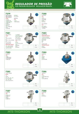 MTE-THOMSONMTE-THOMSON
46
MTE-THOMSONMTE-THOMSON
51
73030
RENAULT
LAGUNA
2.0 16V 97/00.
73033
22670-AA130
FORD
FIESTA
1.0 03/04.
ECOSPORT
1.6 03/04.
73031
F87Z-9F775-CA
FORD
RANGER
4.0 V6 97/01.
73036
MITSUBISHI
ECLIPSE
2.0 16V Turbo 92/93.
73032
F87Z-9F775-AA
FORD
RANGER
2.5 99/.
73029
92140535
GM
OMEGA
3.8 V6 98/05.
73034
MITSUBISHI
PAJERO
3.0 24V V6 01/.
73035
F87U-9C375-AB
TOYOTA
HILUX
6 CIL 97/99.
CAMRY
6 CIL 99/.
73037
VW
POLO, GOLF
1.6 01/.
Obs
3.5 bar
Obs
3.0 bar
Obs
--------
Obs
--------
Obs
2.7 bar
Obs
3.0 bar
Obs
3.0 bar
Obs
3.0 bar
Obs
3.0 bar
73038
HONDA
CIVIC
1.6 96/00.
CRV
1.6 00/01.
Obs
3.0 bar
FOTO ILUSTRATIVA
FOTO ILUSTRATIVA
REGULADOR DE PRESSÃO
FUEL PRESSURE REGULATOR REGULADOR PRESIÓN
7379
96MF-9C968-BA
96MF-9C968-DA
YS6U-9C968-AA
FORD
COURIER
1.4 16V 97/99.
COURIER, ESCORT
1.6 Zetec 99/.
ESCORT
1.8 16V 97/.
FIESTA, KA
1.0, 1.6 Zetec 99/.
FIESTA
1.4 16V 96/.
7380
93.274.455
GM
ASTRA
1.8, 2.0 98/.
2.0 16V 99/.
ZAFIRA
2.0 01/04.
373.133.035.A
VW
GOL, PARATI
1.0 MI 16V 97/.
1.6 MI 98/.
7381
078.133.534.C
AUDI
A4
1.8, 2.4, 2.8 97/.
A6
2.4, 2.7, 2.8, 4.2 95/05.
A8
4.2, 6.0 94/05.
0 280 160 575
MERCEDES-BENZ
500 - 600 5.0 92/93.
C 180-200-220-230
1.8, 2.0, 2.3 93/.
7382
000.078.18.89
MERCEDES-BENZ
C 180-220-230-280
1.8, 2.0, 2.3, 2.8 93/00.
SLK 200-230
2.0, 2.3 96/.
VITO
95/.
0.280.160.587
SSANGYOUNG
MUSSO
2.3 96/05.
7386
17091410
GM
CORSA
1.6 16V MPFI 95/01.
TIGRA
1.6 16V MPFI 98/.
7385
13.53.1.726.385
BMW
325
2.5 92/.
525 - 530 - 535 - 540
2.5, 3.0, 4.0 92/.
730 - 740 - 840
3.0, 3.5, 4.0, 4.4 91/.
7384
90.444.454
GM
OMEGA
3.0 92/.
VECTRA
2.0 16V 93/96.
7383
93.360.887
GM
CORSA
1.6 MPFI 99/05.
1.0 16V 99/02.
1.0 VHC 03/.
7387
93.267.339
GM
BLAZER, S 10
2.2 MPFI 97/.
2.4 01/.
VECTRA
2.2 MPFI 97/.
7388
92.267.342
GM
VECTRA
2.2 16V 97/.
MONDEO
2.0 16V 96/.
96359930
GM
CORSA
1.0 ALC 00/05.
C 36 94/97.
E 200-230-280-320
2.0, 2.3, 2.8 95/97.
S 420 - 500
4.2, 5.0 93/95.
078.133.534.C
VW
PASSAT
1.6, 1.8, 2.0, 2.8 97/.
GOLF
2.8 92/96.
JETTA
2.8 94/95.
Obs
2.7 bar
Obs
3.0 bar
Obs
4.0 bar
Obs
3.8 bar
Obs
3.0 bar
Obs
3.0 bar
Obs
3.5 bar
Obs
3.0 bar
Obs
3.0 bar
Obs
3.0 bar
REGULADOR DE PRESSÃO
FUEL PRESSURE REGULATOR REGULADOR PRESIÓN
 