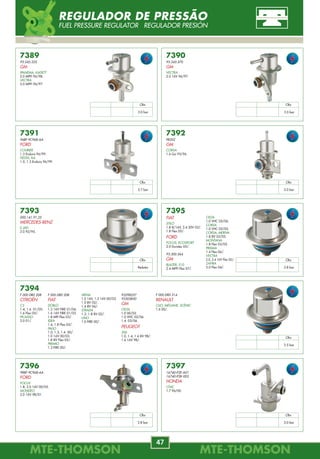 MTE-THOMSONMTE-THOMSON
50
MTE-THOMSONMTE-THOMSON
47
73020
GM
SS10
6 CIL 90/.
73023
22670-AA130
SUBARU
IMPREZA
1.8 93/95.
2.0 16V /97.
73021
MAZDA
626
2.0 16V 95/.
73026
9404563
VOLVO
V40
2.0 95/.
73022
F4CE-9C968-AA
FORD
TAURUS
3.0 V6 94/97.
73024
CITROËN
XSARA
1.8 16V 01/.
FORD
FIESTA, ECOSPORT
1.6 Flex 04/.
VW
PARATI
1.8 Flex 06/.
73025
F87U-9C375-AB
FORD
RANGER
2.5, 4.0 V6 98/.
73027
HONDA
FIT
1.4 04/.
73018
FORD
Obs
--------
Obs
4.2 bar
Obs
3.0 bar
Obs
2.7 bar
Obs
2.7 bar
Obs
3.5 bar
Obs
4.5 bar
Obs
--------
Obs
3.2 bar
73028
CITROËN
C3
1.4, 1.6 16V Flex 05/.
PEUGEOT
307
1.6 16V Flex 06/.
5Z0.133.035.B
5Z0.133.035.D
VW
FOX
1.0, 1.6 Flex 03/.
CROSSFOX
1.6 Flex 05/.
GOL
1.0 Flex 05/.
GOLF, SPACEFOX
1.6 Flex 06/.
KOMBI
1.4 Flex 06/.
POLO
1.6 Flex 04/.
Obs
4.2 bar
FOTO ILUSTRATIVA
REGULADOR DE PRESSÃO
FUEL PRESSURE REGULATOR REGULADOR PRESIÓN
7391
96BF-9C968-AA
FORD
COURIER
1.3 Endura 96/99.
FIESTA, KA
1.0, 1.3 Endura 96/99.
7395
FIAT
STILO
1.8 8/16V, 2.4 20V 02/.
1.8 Flex 05/.
FORD
FOCUS, ECOSPORT
2.0 Duratec 05/.
93.300.564
GM
BLAZER, S10
2.4 MPFI Flex 07/.
7392
PR202
GM
CORSA
1.6 Gsi 95/96.
7396
988F-9C968-AA
FORD
FOCUS
1.8, 2.0 16V 00/05.
MONDEO
2.0 16V 98/01.
7393
000.141.91.25
MERCEDES-BENZ
E 200
2.0 92/95.
7390
93.245.370
GM
VECTRA
2.0 16V 96/97.
7394
F 000 DR0 208
CITROËN
C3
1.4, 1.6 01/05.
1.6 Flex 05/.
PICASSO
2.0 01/.
7389
93.245.325
GM
IPANEMA, KADETT
2.0 MPFI 96/98.
VECTRA
2.0 MPFI 96/97.
7397
16740-P2E-A01
16740-P2K-003
HONDA
CIVIC
1.7 96/00.
F 000 DR0 208
FIAT
DOBLÒ
1.3 16V FIRE 01/06.
1.6 16V FIRE 01/03.
1.8 MPI Flex 03/.
IDEA
1.4, 1.8 Flex 05/.
PALIO
1.0, 1.3, 1.4 00/.
1.0 16V 00/03.
1.8 8V Flex 05/.
PREMIO
1.3 FIRE 00/.
SIENA
1.0 16V, 1.3 16V 00/03.
1.0 8V 02/.
1.4 8V 06/.
STRADA
1.3, 1.8 8V 02/.
UNO
1.0 FIRE 00/.
F 000 DR0 214
RENAULT
CLIO, MÉGANE, SCÉNIC
1.6 00/.
93298257
93305850
GM
CELTA
1.0 00/02.
1.0 VHC 02/06.
1.4 03/06.
PEUGEOT
206
1.0, 1.4, 1.6 8V 98/.
1.6 16V 98/.
CELTA
1.0 VHC 05/06.
CORSA
1.0 VHC 02/05.
CORSA, MERIVA
1.8 8V 02/05.
MONTANA
1.8 Flex 03/05.
PRISMA
1.4 Flex 06/.
VECTRA
2.0, 2.4 16V Flex 05/.
ZAFIRA
2.0 Flex 04/.
Obs
3.0 bar
Obs
3.0 bar
Obs
2.7 bar
Obs
3.0 bar
Obs
Redutor
Obs
3.8 bar
Obs
3.5 bar
Obs
3.8 bar
Obs
3.0 bar
REGULADOR DE PRESSÃO
FUEL PRESSURE REGULATOR REGULADOR PRESIÓN
 