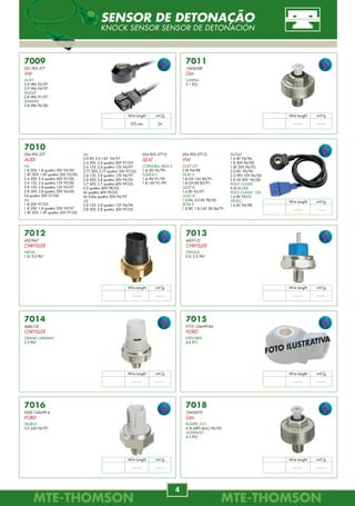 MTE-THOMSONMTE-THOMSON
4
MTE-THOMSONMTE-THOMSON
93
7009
021.905.377
VW
GOLF
2.8 VR6 92/97.
2.9 VR6 94/97.
PASSAT
2.8 VR6 91/97.
SHARAN
2.8 VR6 96/00.
7011
10456208
GM
LUMINA
3.1 92/.
7010
054.905.377
AUDI
A4
1.8 20V, 1.8 quattro 20V 95/00.
1.8T 20V, 1.8T quattro 20V 95/00.
2.4 30V, 2.4 quattro 30V 97/00.
2.6 12V, 2.6 quattro 12V 95/00.
2.8 12V, 2.8 quattro 12V 95/97.
2.8 30V, 2.8 quattro 30V 96/00.
S4 quattro 30V 97/00.
A6
1.8 20V 97/05.
1.8 20V, 1.8 quattro 20V 95/97.
1.8T 20V, 1.8T quattro 20V 97/05.
7012
4557667
CHRYSLER
NEON
1.8, 2.0 90/.
7013
4605122
CHRYSLER
STRATUS
2.0, 2.5 90/.
7014
4686135
CHRYSLER
GRAND CARAVAN
3.3 90/.
7016
F6DZ-12A699-A
FORD
TAURUS
3.0 24V 96/97.
7015
F77Z-12A699-BA
FORD
EXPLORER
4.0 97/.
7018
10456075
GM
BLAZER, S10
4.3L MPFI (6cil.) 96/00.
SILVERADO
4.3 95/.
A6
2.0 8V, 2.0 16V 94/97.
2.4 30V, 2.4 quattro 30V 97/05.
2.6 12V, 2.6 quattro 12V 94/97.
2.7T 30V, 2.7T quattro 30V 97/05.
2.8 12V, 2.8 quattro 12V 94/97.
2.8 30V, 2.8 quattro 30V 95/05.
3.7 40V, 3.7 quattro 40V 99/05.
4.2 quattro 40V 98/05.
S6 quattro 40V 99/05.
S6 Turbo quattro 20V 94/97.
A8
2.8 12V, 2.8 quattro 12V 94/96.
2.8 30V, 2.8 quattro 30V 97/05.
054.905.377.G
SEAT
CORDOBA, IBIZA II
1.6i 8V 96/99.
TOLEDO I
1.6i 8V 91/99.
1.8 16V 91/99.
054.905.377.G
VW
GOLF GTI
2.0L 94/98.
GOLF II
1.8 GTI 16V 86/91.
1.8 GTI 8V 83/91.
GOLF III
1.6 8V 95/97.
GOLF IV
1.6 8V, 2.0 8V 98/02.
JETTA II
1.8 8V, 1.8 CAT. 8V 84/91.
PASSAT
1.6 8V 94/96.
1.8 20V 96/00.
1.8T 20V 96/05.
2.0 8V 90/96.
2.3 VR5 10V 96/00.
2.8 V6 30V 96/00.
POLO CLASSIC
2.0L 01/03.
POLO CLASSIC 100
1.6 8V 95/01.
VENTO
1.6 8V 94/98.
Wire Lenght mV/g
570 mm 24
Wire Lenght mV/g
-------- --------
Wire Lenght mV/g
-------- --------
Wire Lenght mV/g
-------- --------
Wire Lenght mV/g
-------- --------
Wire Lenght mV/g
-------- --------
Wire Lenght mV/g
-------- --------
Wire Lenght mV/g
-------- --------
Wire Lenght mV/g
-------- --------
FOTO ILUSTRATIVA
SENSOR DE DETONAÇÃO
KNOCK SENSOR SENSOR DE DETONACIÓN
7992
026.905.105
VW
GOL III, PARATI III, SAVEIRO III
1.6 MI Flex 03/05.
7993
357.905.104
VW
7997
5970.72
5970.74
PEUGEOT
206
1.4i, 1.6i 8V 98/00.
306
1.4, 1.4 SL, 1.6, 1.6 SR 8V 97/00.
406
1.6 8V 97/00.
PARTNER
1.6 8V 00/.
7996
867.905.104.A
sem modulo
AUDI
A3
1.8 Todos.
FORD
ESCORT, VERONA
1.8 Todos.
SEAT
CORDOBA
1.4i, 1.6i Todos.
7995
988F-12029-AC/B/D
FORD
COURIER, FIESTA, KA
1.6 MPI 99/.
ECOSPORT, NOVO FIESTA
1.0, 1.6 MPI 03/.
ESCORT
1.6 03/.
FIESTA
1.0, 1.6 03/.
FOCUS
1.8, 2.0 MPI 01/.
MONDEO
1.8, 2.0 97/01.
7994
1104038
GM
CORSA
1.0, 1.4, 1.6, 8,16V MPFI 98/.
7998
90TF-12029-A1A
F0TZ-12029-A
FORD
EXPLORER, RANGER V6
4.0 98/.
7999
06A.905.115
AUDI
A6
1.8 TURBO Todos.
06B.905.115.J
SEAT
CORDOBA
1.8 TURBO 02/.
VW
GOLF III
1.8 MI 96/98.
06B.905.115.H
VW
BORA, GOLF, PASSAT
1.8 TURBO Todos.
4 pinos
79500
7663177
FIAT
TEMPRA
2.0 16V Todos.
79501
19005212
GM
MERIVA
1.8 16V Todos.
47905104
FIAT
STILO
1.8 16V Todos.
BOBINAS DE IGNIÇÃO
COIL BOBINAS
 