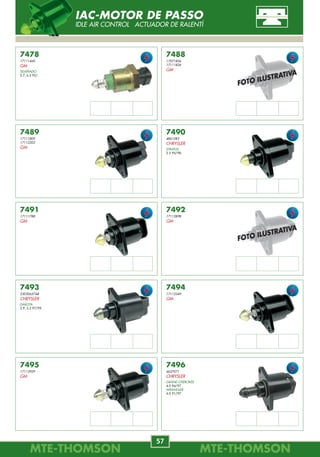 MTE-THOMSONMTE-THOMSON
40
MTE-THOMSONMTE-THOMSON
57
7478
17111460
GM
SILVERADO
5.7, 6.5 92/.
7488
17071826
17111826
GM
7492
17112898
GM
7489
17111809
17112203
GM
7493
53030657AB
CHRYSLER
DAKOTA
3.9, 5.2 97/99.
7490
4861083
CHRYSLER
STRATUS
2.5 95/98.
7491
17111788
GM
7494
17112349
GM
7495
17112929
GM
7496
4637071
CHRYSLER
GRAND CHEROKEE
4.0 94/97.
WRANGLER
4.0 91/97.
FOTO ILUSTRATIVA
FOTO ILUSTRATIVA
IAC-MOTOR DE PASSO
IDLE AIR CONTROL ACTUADOR DE RALENTÍ
7329
1S65-9S430-AA Suporte
FORD
FIESTA
1.0, 1.6 00/.
7330
377.906.291
VW
GOL, PARATI, SAVEIRO
1.0, 1.6 94/.
QUANTUM, SANTANA
1.8, 2.0 94/.
7331
1JO.906.517.F
AUDI
A3
1.6, 1.8 99/.
VW
GOLF
1.6, 1.8 99/.
7332
1JO.906.517.G
AUDI
A3
2.0 99/.
VW
GOLF
2.0 99/.
7336
2580048-A
RENAULT
CLIO
1.0 00/.
SCÉNIC
1.6, 2.0 00/.
7335
9640006180
CITROËN
C3
1.0 04/.
PICASSO
2.0 02/.
XSARA
1.8, 2.0 99/.
7334
55183807
FIAT
FIORINO
1.3 MPI FIRE 8V 04/.
IDEA, STRADA, PALIO
1.4 MPI FIRE FLEX 8V 06/.
PALIO
1.0 MPI FIRE 8V 01/05.
1.0 MPI FIRE FLEX 8V 06/.
1.3 MPI FIRE 8V 03.
1.3 MPI FIRE FLEX 8V 04/05.
7333
1S65-9C915-AA
FORD
COURIER, FIESTA, KA
1.0, 1.6 00/.
ECOSPORT
1.0, 1.6, 2.0 03/.
7337
46848529
FIAT
DOBLÒ
1.6 MPI 16V 04/05.
1.8 MPI 8V 04/06.
PALIO, SIENA, STRADA
1.8 MPI 8V 03/.
7338
6QE.906.517
VW
POLO
1.0, 1.6 02/.
SIENA, UNO
1.0 MPI FIRE 8V 02/06.
1.0 MPI FIRE FLEX 8V 06/.
1.3 MPI FIRE 8V 03/04.
SIENA
1.3 MPI FIRE FLEX 8V 05.
1.4 MPI FIRE FLEX 8V 06/.
STRADA
1.3 MPI FIRE 8V 03/05.
ELETROVÁLVULA DO CANISTER
CANISTER VALVE ELETROVÁLVULA DO CANISTER
 