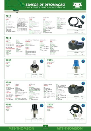 MTE-THOMSONMTE-THOMSON
92
MTE-THOMSONMTE-THOMSON
5
7982
000.158.50.03
MBB
7983
000.150.13.80
MBB
7987
77.00.749.450
77.02.205.459
77.02.218.697
RENAULT
CLIO
1.6i 96/97.
R19, TRAFIC
1.6i 93/00.
TWINGO
1.2i 93/97.
7986
77.00.274.008
77.00.873.701
RENAULT
CLIO, KANGOO, TWINGO
1.0, 1.6 8V 00/.
LOGAN
1.0, 1.6 8V 02/.
TWINGO
1.2i 98/05.
7985
77.01.031.135
RENAULT
ALPINE
2.5, 3.0 12V Turbo 85/95.
CLIO I
1.2, 1.4, 1.8 8/16V 90/98.
ESPACE II
2.0, 2.2, 2.8 V6 8V 91/96.
LAGUNA 1.8, 2.0 8V 93/01.
MASTER 2.0, 2.2 8V 86/98.
R19 1.8i 92/95.
R21 2.0i 89/94.
RAPID BOX 1.4 8V 85/98.
SAFRANE
2.0, 2.2, 3.0 V6 92/00.
7984
5970.42 / 97531206
PEUGEOT
309
1.1, 1.6, 1.9 8V/16V 85/93.
405
1.6, 1.9 8V 87/92.
97531206
CITROËN
BX
1.5, 1.6, 1.9 8V 82/94.
C15
1.1, 1.3 8V 84/96.
7988
77.00.875.000
77.00.113.357
RENAULT
CLIO
1.6 16V 00/05.
SCÉNIC
1.6 16V Todos.
2.0 16V 99/.
7989
90919-02135
90919-02164
HONDA
CELICA LIFTBACK
1.8i 16V 93/99.
COROLLA SEDAN
1.6i 16V 92/99.
1.8i 16V 98/02.
COROLLA WAGON
1.6i 16V 92/97.
PASEO COUPÉ
1.5 95/99.
3287677 / 32876773
VOLVO
340
1.7 8V, 2.0 8V 85/91.
360
1.7 8V, 2.0 8V 84/89.
440
1.7, 1.8, 2.0 8V 88/96.
460
1.7, 1.8, 2.0 8V 89/96.
480
1.7, 2.0 8V 86/96.
7990
F5FU-1029-AA
FORD
ESCORT, VERONA
1.6, 1.8, 2.0 94/96.
547.905.105.B
VW
GOL II
1.0i, 1.6i, 1.8i, 2.0i 94/96.
GOL III
1.0 8V/16V MI 99/05.
LOGUS
1.6i, 1.8i, 2.0i 94/96.
7991
377.905.105.D
VW
GOL II
1.0, 1.6, 1.8, 2.0 MI 96/99.
GOL II SPECIAL
1.6 MI 02/04.
GOL III
1.8 MI Flex 05/05.
1.6, 1.8, 2.0 MI 99/05.
PARATI II
1.6, 1.8, 2.0 MI 97/99.
PARATI III
1.6, 1.8, 2.0 MI 99/05.
PARATI II
1.6i, 1.8i, 2.0i 95/97.
POINTER
1.8i, 2.0i 94/96.
QUANTUM, SANTANA
2.0i 94/96
VERONA
1.6, 1.8, 2.0 94/96.
PARATI III, SAVEIRO III
1.8 MI Flex 05/.
QUANTUM
1.8, 2.0 MI 96/01.
SANTANA
1.8, 2.0 MI 97/98.
1.8 MI 99/05.
SAVEIRO II
1.6, 1.8, 2.0 MI 96/05.
BOBINAS DE IGNIÇÃO
COIL BOBINAS
7025
MD300670
MITSUBISHI
ECLIPSE
2.0 90/.
7022
30530-P2M-A01
HONDA
CIVIC
1.6 90/.
7020
10456209
GM
SONOMA
4.3 95/.
7019
93261954
GM
BLAZER, S10
2.2L MPFI (4cil.) 97/.
2.4L MPFI (4cil.) 98/.
004.153.90.28
MERCEDES-BENZ
C230 2.3 05/.
C280, S280
2.8 05/.
C350, M350
3.5 05/.
7021
90510281
GM
VECTRA GSI
1.8L MPFI 8V 94/96.
2.0 16V 93/.
5946.03
CITROËN
BX 1.9 16V 87/94.
19 GTI 16V 88/93.
77.00.271.090
RENAULT
R 19 1.7 8V 88/95.
7023
30530-P91-A01
HONDA
PRELUDE
2.3 90/.
7017
034.905.377.A
AUDI
80
2.3 10V, 2.8 12V 91/94.
90
2.3E 10V 87/91.
100
2.0 CAT. 10V 88/90.
2.0E 8V, 2.0E 16V 90/94.
A4
1.6 8V 95/00.
1.8 20V 95/00.
1.8T, 1.8T quattro 20V 95/00.
A6
1.8, 1.8T 20V 97/05.
1.8 20V, 2.0 8V 94/97.
2.0 16V, 2.0 16V quattro 94/97.
2.3 10V, 2.3 quattro 10V 94/95.
4.2 quattro 40V 98/05.
S6 4.2 quattro 32V 94/97.
S6 quattro 40V 99/05.
S6 Turbo quattro 20V 94/97.
A8
3.7 quattro 32/40V 95/02.
4.2 quattro 32/40V 94/02.
S8 quattro 32/40 V 96/02.
034.905.377.A
FORD
ESCORT
2.0 AP EFI 92/94.
XR3 2.0i LE-JETRONIC 93/.
ROYALE, VERSAILLES
2.0 AP EFI 91/.
VERONA 2.0 AP EFI 93/94.
93203180
GM
KADETT GSI 2.0L MPFI 8V 92/95.
MONZA CLASSIC 2.0L MPFI 8V 92/93.
OMEGA 2.0L, 2.2L MPFI 8V 93/95.
053.905.377.2
VW
GOL
2.0 AP EFI Digital 94/97.
2.0 GTI 88/94.
GOLF I CABRIOLET
1.8 8V 82/93.
GOLF II
1.8 GTI 16V, 1.8 GTI CAT. 8V 86/91.
JETTA II 1.8 8,16V 86/91.
LOGUS
2.0i AP EFI 92/96.
PARATI
2.0 AP EFI Digital 95/97.
PASSAT
1.6 8V, 1.8 20V 96/00.
2.0 16V 88/93.
POINTER
2.0 AP EFI Digital 94/96.
QUANTUM, SANTANA
2.0 AP EFI Digital 93/97.
SCIROCCO
1.8 16V 86/92.
TOUAREG
4.2 V8 40V 02/.
E500
5.0 05/.
SPRINTER
3,5, 5,0 TON 05/.
5946.21 / 5946.21
PEUGEOT
106
1.3 93/96.
XANTIA
2.0 16V 95/98.
74.31.367.644 / 77.00.871.678
RENAULT
LAGUNA
2.0 16V 95/01.
MÉGANE 2.0 16V 96/.
9142415
SAAB
9-3
2.0 16V, 2.0T 16V 98/03.
2.3i 16V, 2.3T 16V 98/02.
900 II
2.0i 16V, 2.3 16V 93/98.
030.905.377.A
VW
BORA
2.0 00/02.
GOL, PARATI
1.0 16V Turbo 00/.
GOLF
2.0 99/.
GOLF A4
1.8L 20V Turbo 00/01.
2.0L 8V 00/01.
NEW BEETLE
2.0 8V 99/.
030.905.377.A
SEAT
AROSA
1.0, 1.4 97/.
CORDOBA
1.0, 1.4 16V, 1.6 94/.
IBIZA
1.0, 1.4 16V, 1.6 93/.
INCA
1.4 16V, 1.6 95/.
7568801
SAAB
9000
2.0, 2.3 89/.
2.0 16V 85/88.
2.0 16V Turbo 85/98.
900 I
2.0 16V, 2.0 Turbo 8V 86/93.
2.0 Turbo 16V 84/93.
026.905.377.2
SEAT
CORDOBA 1.0 16V 00/02.
IBIZA 1.0 16V EFI Digital 00/03.
026.905.377.2
VW
GOL, PARATI
1.6, 1.8, 2.0 AP EFI 96/02.
GOL (GIII) 1.6L AP EFI 99/03.
PARATI (GIII), SAVEIRO (GIII)
1.6 02/03.
POLO CLASSIC
1.0L 16V EFI Digital 01/03.
1.6L, 1.8L EFI 96/.
QUANTUM
1.8L, 2.0L AP EFI 96/01.
SAVEIRO
1.6, 1.8 AP EFI 97/02.
1326658 / 1367644
VOLVO
240
2.0, 2.3 90/93.
2.3i CAT. 8V 86/93.
440, 460
1.8 8V, 2.0 8V 91/96.
440, 460
1.7 8V, 1.7 Turbo 8V 88/96.
480
1.7 8V, 1.7 Turbo 8V 86/96.
2.0 8V 92/95.
850
2.0 10V, 2.5 20V 91/96.
2.0 Turbo 20V 93/96.
2.3 T5 20V, 2.3 T5-R 20V 93/96.
940
2.0 8V 92/94.
2.0 Turbo 8V 96/98.
2.3 8V, 2.3 16V 90/98.
960
2.0 16V 90/93.
2.5 24V, 2.9 24V 94/96.
S40
1.8 16V, 2.0 16V 95/99.
S90, V90
2.9 24V 97/98.
Wire Lenght mV/g
800 mm 25
Wire Lenght mV/g
-------- 28
Wire Lenght mV/g
-------- 25
Wire Lenght mV/g
-------- --------
Wire Lenght mV/g
-------- --------
Wire Lenght mV/g
-------- --------
Wire Lenght mV/g
-------- --------
SENSOR DE DETONAÇÃO
KNOCK SENSOR SENSOR DE DETONACIÓN
 