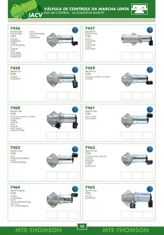 MTE-THOMSONMTE-THOMSON
38
MTE-THOMSONMTE-THOMSON
59
7458
F5RZ-9F715-B
FORD
MONDEO
2.0 94/96 EFI.
7462
F5DE-9F715-DA
FORD
SABLE
3.0 24V 96/97 EFI DOHC.
TAURUS
3.0 24V 96 EFI DOHC.
7459
F5RZ-9F715-A
FORD
CONTOUR, MONDEO, MYSTIQUE
2.5 95 EFI.
7463
F2AE-9F715-AA
FORD
CROWN VITORIA, MERCURY
4.6 95 EFI.
EXPEDITION
4.6 98 EFI.
F SERIES
4.6 97/01 EFI.
7456
F67Z-9F715-BA
F67Z-9F715-BB
FORD
EXPLORER
5.0 98/00 EFI.
F SERIES
5.4 99/00 Lightning.
LS
3.0 00 EFI.
MARK
4.6 97/98 EFI.
MOUNTAINEER
5.0 98/01 EFI.
7460
F5DZ-9F715-BB
FORD
CONTOUR, MONDEO, MYSTIQUE
2.5 96/99 EFI.
E SERIES
4.6 97 EFI.
MARK
4.6 96 EFI.
SABLE, TAURUS
3.4 96/97 EFI SHO.
7464
95BF-9F715-AB/AC
FORD
COURIER
1.0 95/ Endura.
ESCORT
1.8L 16V ZETEC 96/02 Zetec.
FIESTA, KA
1.0, 1.3 95/99 Endura-E.
7457
FOTZ-9F715-C
FOTE-9F715-CA
FORD
BRONCO
4.9 91/92 EFI.
E SERIES
4.9 91/96 EFI.
F SERIES
4.9 91/95 EFI.
7461
F6DE-9F715-DA
FORD
SABLE, TAURUS
3.0 12V 96 EFI.
7465
F3LZ-9F715-AA
FORD
LINCOLN
4.6 93/95 EFI.
SABLE
3.0 97/99 EFI SOHC.
TAURUS
3.0 97/99 EFI.
VÁLVULA DE CONTROLE DA MARCHA LENTA
IDLE AIR CONTROL ACTUADOR DE RALENTÍ
IACV
7313
46818007
FIAT
DOBLÒ
1.3 MPI 16V FIRE 02/06.
1.6 MPI 16V 02/03.
1.8 MPI 8V 04/06.
1.9 8V 04/06.
FIORINO
1.3 MPI 8V FIRE 04/.
1.5 MPI 8V 04.
1.7 TURBO 8V 04/05.
IDEA ELX, PALIO, SIENA
1.4 MPI 8V FIRE 06/.
IDEA HLX, PALIO
1.8 MPI 8V 06/.
7317
97KU-9E731-AA
97KU-9E731-AB
FORD
KA
Endura-E 1.0L, 1.3L 97/00.
7310
46744220
FIAT
BRAVA HGT
1.8 MPI 16V 00/03.
MAREA
1.8 MPI 16V 00/05.
7314
547.957.827
FORD
ESCORT CONVERSÍVEL
2.0 AP EFI 94/95.
ESCORT HATCH, VERONA
1.8 AP CFI, 2.0 AP EFI 94/96.
PAMPA
1.8 AP CFI 96/97.
7318
YS6T-9E731-AB
YS6T-9E731-AC
FORD
ESCORT HATCH, ESCORT SW
Zetec Rocam 1.6L 00/02.
7311
46744042
FIAT
BRAVA ELX, SX
1.6 MPI 16V 00/03.
MAREA
2.0 MPI 142CV 20V 99.
2.4 MPI 20V 01/03.
1.6 MPI 16V 04/.
2.0 MPI Turbo 20V 99/.
TEMPRA
SW SLX 2.0 MPI 8V 94/97.
2.0 SW 97/.
7315
325.957.827.1
377.957.827.A
FORD
ROYALE
1.8 AP CFI, 2.0 AP EFI 92/96.
VERSAILLES
1.8 AP CFI, 2.0 AP EFI 91/96.
7312
46744244
FIAT
FIORINO
1.3 MPI 8V FIRE 03/04.
PALIO
1.5 MPI 8V 03/04.
1.6 MPI 16V 96/00.
1.0 MPI 8V 00.
1.3 MPI 16V FIRE 00.
1.5 MPI 8V 96/98.
1.0 MPI 8V FIRE 03/04.
1.3 MPI 8V 03/04.
7316
97FU-9E731-AA
94BB-9E731-CA
FORD
COURIER, FIESTA HATCH
Endura-E 1.3L 96/99.
Zetec-SE 1.4L 16V 96/99.
ESCORT HATCH, ESCORT SW
Zetec-E 1.8L 16V 96/00.
ESCORT SEDAN
Zetec-E 1.8L 16V 96/98.
FIESTA SEDAN
Zetec Rocam 1.0L, 1.6L 01/04.
SIENA
1.5 MPI 8V 03/04.
1.0 MPI 8V 98/00.
1.3 MPI 16V FIRE 00.
1.6 MPI 16V 98.
STRADA
1.3 MPI 8V FIRE 03/05.
1.6 MPI 16V 99/00.
1.5 MPI 8V 03/04.
UNO
1.0 8V Fire 00/.
1.3 MPI 8V FIRE 03.
PALIO
1.0 MPI 16V FIRE 01/03.
1.0 MPI 8V FIRE 04/05.
1.3 MPI 16V FIRE 01/04.
1.3 MPI 8V FIRE 04/05.
1.6 MPI 16V 01/04.
1.7 TURBO 8V 04.
SIENA
1.0 MPI 16V FIRE 01/03.
1.0 MPI 8V FIRE 05.
1.3 MPI 16V FIRE 01/06.
1.3 MPI 8V FIRE 05.
1.6 MPI 16V 01/04.
1.7 TURBO 8V 04/06.
1.8 MPI 8V 03/04.
STILO
2.4 MPI 20V 03/.
1.8 MPI 16V 03/.
1.8 MPI 8V 03/.
STRADA
1.3 MPI 8V FIRE 03/05.
1.4 MPI 8V FIRE 06/.
1.5 MPI 8V 01/02.
1.6 MPI 16V 02.
1.7 TURBO 8V 04.
1.8 MPI 8V 03/04.
UNO
1.0 MPI 8V FIRE 04/06.
1.3 MPI 8V FIRE 04/.
1.5 MPI 8V 04.
ModeloImpulsos Cor
CP16 Verde Claro
ModeloImpulsos Cor
TC16 Marrom
ModeloImpulsos Cor
CP16 Laranja
ModeloImpulsos Cor
CP6 Branco
ModeloImpulsos Cor
--------16 --------
ModeloImpulsos Cor
TC6 Azul Marinho
ModeloImpulsos Cor
--------8 --------
ModeloImpulsos Cor
--------8 --------
ModeloImpulsos Cor
--------8 --------
SENSOR DE VELOCIDADE
SPEED SENSOR SENSOR DE VELOCIDAD
 