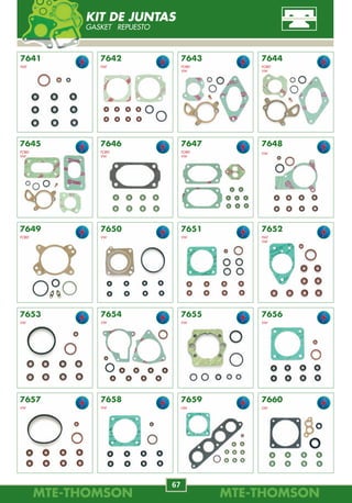 MTE-THOMSONMTE-THOMSON
30
MTE-THOMSONMTE-THOMSON
67
7641
FIAT
7642
FIAT
7643
FORD
VW
7644
FORD
VW
7645
FORD
VW
7646
FORD
VW
7647
FORD
VW
7648
VW
7649
FORD
7650
VW
7651
VW
7652
FIAT
VW
7653
VW
7654
VW
7655
VW
7656
VW
7657
VW
7658
VW
7659
GM
7660
GM
KIT DE JUNTAS
GASKET REPUESTO
7199
28164-22610
HYUNDAI
COUPE
2.7 V6 02/.
ACCENT
1.3 00/.
KIA
MAGENTIS
2.5 V6 01/.
71000
28164-4A000
HYUNDAI
TERRACAN
2.9 CRDI 03/.
KIA
SORENTO
2.5 CRDI 02/.
71001
28164-23010
HYUNDAI
COUPE
1.6 16V 98/02.
LANTRA
1.8 16V 95/00.
28164-23200
KIA
SEPHIA
1.8 16V 95/.
71002
22680-7F400
22680-7F425
NISSAN
PRIMERA
2.0 TD 96/02.
71003
071.906.461.B
AUDI
A4
1.9 TDI 00/.
071.906.461.B
SEAT
ALHAMBRA
2.8 V6 01/.
7198
7711878
FIAT
PUNTO
1.4 GT Turbo 94/96.
28164-22110
HYUNDAI
S COUPE
1.5 Turbo 91/96.
71280 REFIL
06A.906.461.A
AUDI
A3
1.8 99/.
1.8(MotorEA113)00/05.
SEAT
LEON
1.8 20V 99/.
TOLEDO
1.8 20V 99/06.
71250 REFIL
06A.906.461.D
AUDI
A3
1.8 20V Turbo 00.
1.820VTurbo(EA113)00/04.
A4
1.8 20V Turbo 95/00.
A6
1.8 20V Turbo 97/05.
TT
1.8 20V Turbo 98/.
71290 REFIL
46447508
ALFA ROMEO
145, 146, 156
1.6, 1.8 TWIN SPARK 16V 96/01.
156
2.0 TWIN SPARK 16V 99/02.
SPIDER
2.0 TWIN SPARK 16V 98/00.
46541253
60814852
FIAT
MAREA, MAREA WEEKEND
2.4 MPI 20V 01/03.
071.906.461.BX
VW
BORA, GOLF, NEW BEETLE, PASSAT
2.3 V5 01/.
SHARAN
2.8 V6 01/.
06A.906.461.DX
SEAT
CORDOBA, IBIZA
1.8T 20V 00/02.
CORDOBA 1.6 8V 00/04.
06A.906.461.D
VW
GOLF A4
1.8 20V Turbo (Motor EA113) 00/01.
PASSAT, VARIANT
1.8 Turbo 99/01.
VW
GOLF A4
2.08V115CV(MotorEA113)99/01.
2.0 8V 115CV 01/02.
NEW BEETLE
2.0 8V 99/.
MAF-MEDIDOR DE FLUXO DE AR
MASS AIR FLOW SENSOR DE MASSA DE AR
71600 REFIL
46559828
FIAT
STILO ABARTH
2.4 MPI 20V 03/.
 