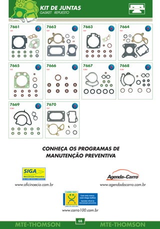 MTE-THOMSONMTE-THOMSON
68
MTE-THOMSONMTE-THOMSON
29
7662
FIAT
7661
GM
7663
FIAT
7664
FIAT
7666
FIAT
7670
FIAT
7665
FIAT
7667
FORD
7668
FORD
7669
FORD
KIT DE JUNTAS
GASKET REPUESTO
7180
96FP-12B579-AA / AB
FORD
COURIER, FIESTA, KA
Endura-E 1.0, 1.3 96/99.
COURIER, FIESTA
Zetec-SE 1.4L 16V 96/99.
7175
13.62.1.736.224
BMW
318
1.8i 95/00.
750
5.0i 94/01.
7176
13.62.1.433.567
BMW
X5, 750
5.0.
MHK 000230
LAND ROVER
LAND ROVER
4.4.
7177
13.62.1.433.565
BMW
316
1.6i 98/05.
318
1.8i 98/01.
740
4.0 D 99/01.
Z3
1.9 98/.
7178
13.62.7.787.076
BMW
318
1.8 D 01/05.
7179
OK011-13-210B
KIA
SPORTAGE
2.0 16V 94/.
7174
7.700.100.572
RENAULT
SAFRANE II
2.5 20V 96/00.
7183
1920.8Q
CITROËN
BERLINGO
1.9 D 98/02.
XSARA
2.0 Hdi 99/05.
JUMPER
2.0, 2.2 Hdi 02/.
9628336380
FIAT
DUCATO
2.0 JTD 02/.
7181
058.133.471.A
AUDI
A3
1.8T 96/.
A6
1.8T 97/.
VW
PASSAT
1.8T 97/00.
7185
46784582
51774531
FIAT
DOBLÒ, IDEA
1.3 JTD 04/.
9628336380
PEUGEOT
PARTNER
1.9 D 96/00.
BOXER
2.0, 2.2 Hdi 02/.
1275749
3507697
VOLVO
850
2.0 Turbo 20V, 2.3 T5 20V 93/96.
C70
2.0T 20V, 2.0 20V 97/05.
S70
2.0 Turbo 20V, 2.3 T5 20V 97/00.
V70
2.0 10V, 2.0 20V 97/00.
MAF-MEDIDOR DE FLUXO DE AR
MASS AIR FLOW SENSOR DE MASSA DE AR
CONHEÇA OS PROGRAMAS DE
MANUTENÇÃO PREVENTIVA
www.carro100.com.br
www.agendadocarro.com.brwww.oficinaecia.com.br
 