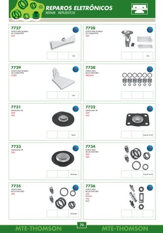 MTE-THOMSONMTE-THOMSON
70
MTE-THOMSONMTE-THOMSON
27
7730
FILTROS PARA
BICOS INJETORES
NISSAN
7727
FILTROS PARA BOMBAS
DE COMBUSTÍVEL
GM
7731
DIAFRAGMA TBI
FIAT
VW
7732
DIAFRAGMA TBI
FIAT
VW
7736
FILTROS PARA
BICOS INJETORES
GM
Rochester
VW
Bosch
7728
FILTROS PARA BOMBAS
DE COMBUSTÍVEL
GM
7729
FILTROS PARA BOMBAS
DE COMBUSTÍVEL
FORD
7733
DIAFRAGMA TBI
GM
7734
FILTROS PARA
BICOS INJETORES
FIAT
GM
7735
FILTROS PARA
BICOS INJETORES
GM
Gás Gás
Gás
Bosch Magnetti-Marelli
Rochester Magnetti-Marelli
Rochester
REPAROS ELETRÔNICOS
REPAIR REPUESTOS
7163
28164-38200
HYUNDAI
SANTA FÉ
2.4 16V 01/.
2.7 24V V6 4x4 01/.
28164-38210
KIA
SORENTO
2.4 16V (Gas.) 02/.
7159
46559804
55193048
60816137
ALFA ROMEO
147, 156
1.6 TWIN SPARK 16V 97/.
156
1.8 TWIN SPARK 16V 00/05.
147, 156, 166
2.0 TWIN SPARK 16V 00/.
SPIDER
2.0 TWIN SPARK 16V 95/05.
7160
46559828
FIAT
STILO ABARTH
2.4 MPI 20V 03/.
7161
464649280
ALFA ROMEO
146, 146
1.4 TWIN SPARK 16V 96/01.
28164-22051
28164-22060
HYUNDAI
ACCENT
1.3 12V, 1.5i 12V 94/00.
1.5i 16V 94/00.
7162
90.448.964
GM
VECTRA GSI
1.8L MPFI 8V (4cil.) 94/96.
2.0L MPFI 16V (4cil.) 93/.
7158
06B.906.461
VW
PASSAT
2.0 8V 00/05.
7157
46411675
FIAT
MAREA TURBO, MAREA WEEKEND TURBO
2.0 MPI Turbo 20V 99/.
7156
1192.W5
CITROËN
JUMPER
2.8 HDI 00/.
FIAT
DUCATO
2.8 JTD 00/.
7155
06B.133.471
AUDI
A4
1.8 20V 95/00.
A6
1.8 20V 97/05.
VW
PASSAT, VARIANT
1.8 20V, 1.8 20V Syncro 96/00.
7154
06A.906.461.L
AUDI
A3, A4, A6, TT
1.8 20V Turbo 96/.
A3
1.820VTurbo(EA113)00/05.
SEAT
IBIZA
1.8T 20V 03/.
VW
GOLF (MY08)
1.8L 20V Turbo 07/.
GOLF A4
1.8L 20V Turbo 00/02.
1.8L 4cil. 01/07.
NEW BEETLE
1.8T 20V 99/.
PASSAT, VARIANT
1.8L20VTurbo150HP01/02.
POLO HATCH GTI
1.8 20V Turbo (4cil.) 06/.
MAF-MEDIDOR DE FLUXO DE AR
MASS AIR FLOW SENSOR DE MASSA DE AR
 