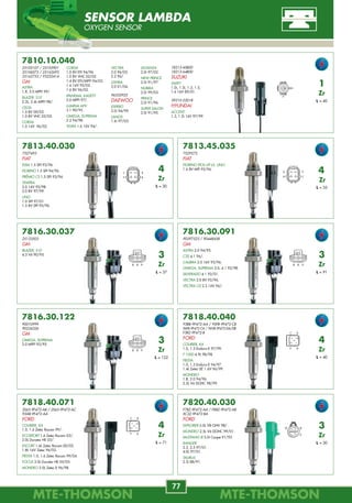 MTE-THOMSONMTE-THOMSON
20
MTE-THOMSONMTE-THOMSON
77
7138
9631716680
CITROËN
C5
2.0, 2.2 01/.
C8
2.0, 2.2 02/.
EVASION
2.0 16V 01/.
JUMPY, XANTIA
2.0 99/.
7139
37830-P05-A01
37830-P0G-S00
37830-P7A-N11
37830-PAA-S00
HONDA
ACCORD
1.8, 2.0, 2.2 16V 93/01.
2.3, 3.0 98/.
CIVIC IV
1.4, 1.5, 1.6 16V 91/95.
CIVIC V
1.4, 1.5, 1.6, 1.8 95/01.
PRELUDE
2.0, 2.2 96/.
7140
1275342
VOLVO
C70
2.0, 2.3, 2.5 97/02.
S40
1.9, 2.0 97/03.
S70, V70
2.0, 2.3, 2.4, 2.5 97/00.
7141
030.906.051.A
VW
GOL
1.0 MI AT 8V 96/01.
POLO
1.0, 1.4 95/99.
7142
06B.906.051
VW
GOL
1.0 8V MI 01/02.
GOLF
2.0 8V 99/02.
PARATI II SPECIAL
1.0 8V MI 99/02.
PARATI III
1.0 8V MI 01/05.
PASSAT
2.0 16V 05/.
POLO
2.0 02/03.
7143
036.906.051
027.998.041.1
036.906.051.D
036.998.041.1
VW
BORA
1.4 16V, 1.6 16V 00/.
GOL 1.0 MI AT 16V 97/.
GOL, PARATI, SAVEIRO
1.6, 1.8, 2.0 MPI 97/.
GOLF III 1.6 92/97.
GOLF IV 1.6 16V 00/.
PARATI
1.0 MI AT 16V 97/02.
1920.7T
PEUGEOT
406
2.0, 2.2 99/04.
607
2.0, 2.2 00/.
806
2.0 99/02.
0.261.230.031
GM
KADETT
2.0 MPFI 97/.
POLO
1.416V,1.616VGTI99/01.
POLO CLASSIC 1.8 MPI 96/.
QUANTUM, SANTANA
1.8, 2.0 MPI 96/.
036.906.051.D / 036.998.041.1
SEAT
AROSA, INCA 1.4 16V 00/.
CORDOBA
1.4 16V, 1.6 00/.
IBIZA III
1.4 16V, 1.6 99/02.
LEON, TOLEDO II
1.4 16V, 1.6 16V 99/.
7136
25085-00QAA
NISSAN
KUBISTAR
1.2 8/16V, 1.4 03/.
1.6 16V 03/.
PRIMASTAR
2.0 16V 01/.
82.00.105.165
82.00.121.800
82.00.719.629
RENAULT
CLIO
1.0,1.2,1.4,1.6,2.016V98/.
7137
13.62.2.244.674
BMW
525
2.5 96/.
725
2.5tds 12V 96/01.
ERR3561
LAND ROVER
RANGE ROVER
2.5 94/02.
ESPACE
2.016V,2.0,3.5V698/.
KANGOO
1.0,1.2,1.4,1.6,16V98/.
LAGUNA
1.6, 1.8, 2.0 16V 97/.
MÉGANE, SCÉNIC
1.4,1.6,1.8,2.0 16V 99/.
MODUS
1.2, 1.4, 1.6 16V 04/.
TRAFIC 2.0 01/.
TWINGO
1.0, 1.2, 16V 96/.
VELSATIS
3.5 24V V6 02/.
1275170
VOLVO
850
2.5 TDI 10V 95/96.
S70
2.5 TDI 10V 97/00.
S80
2.5 TDI 10V 99/06.
V70
2.5 97/.
7145
46533518 / 46553045
71732447 / 93313154
FIAT
DOBLÒ
1.3 MPI FIRE 16V 02/06.
FIORINO
1.3 MPI FIRE 8V 04/.
GRANDE PUNTO
1.4 8V 05/.
IDEA, PALIO, SIENA, STRADA
1.4 MPI FIRE FLEX 8V 06/.
PALIO
1.0 MPI 8/16V, 1.3 16V FIRE 00/.
SIENA 1.0 MPI 8/16V, 1.3 FIRE 00/.
STRADA
1.3 8/16V FIRE 00/.
UNO
1.0, 1.3 MPI 8V FIRE 04/.
93313154
GM
CORSA
1.0L,1.8MPFI8VFLEX06/.
MERIVA
1.8L MPFI 8V FLEX 06/.
7144
03C.906.051
AUDI
A3
1.6 03/.
03C.906.051.E
VW
BORA 2.0L 05/.
FOX, SPACE FOX
1.0, 1.6 Total Flex 03/.
GOL
1.0 8V Total Flex 03/.
1.0 MI AT 8/16V 02/.
GOLF A4
1.6 Total Flex 02/.
2.0L 02/.
KOMBI T2
1.4 05/.
NEW BEETLE
2.0 05/.
PARATI
1.0 16V 02/.
PARATI III
1.0 8V MI 02/.
PASSAT
1.6 fsi 05/.
POLO
1.6 Total Flex 03/.
030.906.051.A
SEAT
AROSA
1.0, 1.4 97/.
CORDOBA
1.0 99/02.
IBIZA
1.0, 1.6 99/02.
INCA
1.4, 1.4 16V 95/.
MAP-SENSOR DE PRESSÃO DO COLETOR
MANIFOLD ABSOLUTE PRESSURE SENSOR DE PRESIÓN ABSOLUTA
P
7810.10.040
25105107 / 25105901
25106073 / 25162693
25162753 / 93232414
GM
ASTRA
1.8, 2.0 MPFI 99/.
BLAZER, S10
2.2L, 2.4L MPFI 98/.
CELTA
1.0 8V 00/02.
1.0 8V VHC 02/05.
CORSA
1.0 16V 96/02.
CORSA
1.0 8V EFI 94/96.
1.0 8V VHC 02/05
1.4 8V EFI/MPFI 94/02.
1.6 16V 95/02.
1.6 8V 96/02.
IPANEMA, KADETT
2.0 MPFI 97/.
LUMINA APV
3.1 90/95.
OMEGA, SUPREMA
2.2 94/98.
TIGRA 1.6 16V 94/.
VECTRA
2.0 96/05.
2.2 96/.
ZAFIRA
2.0 01/04.
96335925
DAEWOO
ESPERO
2.0i 94/99.
LANOS
1.6i 97/03.
LEGANZA
2.0i 97/02.
NEW PRINCE
2.0i 91/97.
NUBIRA
2.0i 99/03.
PRINCE
2.0i 91/96.
SUPER SALON
2.0i 91/95.
7813.40.030
7527493
FIAT
ELBA 1.5 SPI 93/96.
FIORINO 1.5 SPI 94/96.
PRÊMIO CS 1.5 SPI 93/94.
TEMPRA
2.0 16V 95/98.
2.0 8V 97/99.
UNO
1.0 SPI 97/01.
1.5 8V SPI 92/96.
7813.45.035
7529275
FIAT
FIORINO PICK-UP LX, UNO
1.6 8V MPI 95/96.
7816.30.037
25133503
GM
BLAZER, S10
4.3 V6 90/95.
7816.30.091
90397523 / 90448458
GM
ASTRA 2.0 94/95.
C20 4.1 96/.
CALIBRA 2.0 16V 93/96.
OMEGA, SUPREMA 3.0, 4.1 92/98.
SILVERADO 4.1 92/01.
VECTRA 2.0 8V 92/96.
VECTRA CD 2.2 16V 96/.
7816.30.122
90010999
90234326
GM
OMEGA, SUPREMA
2.0 MPFI 92/95.
7818.40.040
93BB-9F472-AA / 95FB-9F472-CB
96FB-9F472-CA / 96VB-9F472-DA/DB
F5RZ-9F472-B
FORD
COURIER, KA
1.0, 1.3 Endura-E 97/99.
F 1000 4.9L 98/98.
FIESTA
1.0, 1.3 Endura-E 94/97.
1.4L Zetec-SE 1.6V 96/99.
MONDEO
1.8, 2.0 94/96.
2.5L V6 DOHC 98/99.
7818.40.071
2S65-9F472-AB / 2S65-9F472-AC
93AB-9F472-AA
FORD
COURIER, KA
1.0, 1.6 Zetec Rocam 99/.
ECOSPORT 1.6 Zetec Rocam 03/.
2.0L Duratec HE 03/.
ESCORT 1.6L Zetec Rocam 00/02.
1.8L 16V Zetec 96/02.
FIESTA 1.0, 1.6 Zetec Rocam 99/04.
FOCUS 2.0L Duratec HE 05/05.
MONDEO 2.0L Zetec-E 96/98.
7820.40.030
F78Z-9F472-AA / F88Z-9F472-AB
XC2Z-9F472-BA
FORD
EXPLORER 5.0L V8 OHV 98/.
MONDEO 2.5L V6 DOHC 99/01.
MUSTANG III 5.0i Coupe 91/93.
RANGER
2.3, 2.5 97/01.
4.0L 97/01.
TAURUS
2.5i 88/91.
B
BC
P
L = 35
4
Zr
C
P
B
B
B B P
B B P
B B P
C B
P B
C B
P B
B B
P
1
Zr
L = 40
4
Zr
L = 30
4
Zr
L = 40
4
Zr
L = 71
3
Zr
L = 37
3
Zr
L = 91
3
Zr
L = 122
3
Zr
L = 30
SENSOR LAMBDA
OXYGEN SENSOR
18213-60B00
18213-64B00
SUZUKI
SWIFT
1.0i, 1.3i, 1.3, 1.5,
1.6 16V 89/01.
39210-22018
HYUNDAI
ACCENT
1.3, 1.5i 16V 97/99.
 