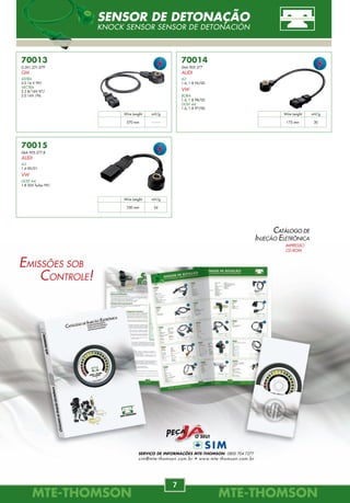 MTE-THOMSONMTE-THOMSON
90
MTE-THOMSONMTE-THOMSON
7
7960
6N0.905.104 / 047.905.115
AUDI
80
1.6, 2.0, 2.0 QUATTRO 91/94.
100
2.0 8V 90/96.
A6 2.0 8V 94/97.
CABRIOLET 2.0 8V 93/98.
SEAT
CORDOBA
1.016V,1.6,1.8,2.08/16V91/02.
IBIZA
1.0 16V, 1.8 95/.
7961
030.905.106
032.905.106.B
032.905.106.D
AUDI
A3
1.6,1.8 99/.
SEAT
CORDOBA
1.6 99/05.
IBIZA
1.6 99/05.
7962
97530780
F 000 ZSO 114
96005
CITROËN
7963
5970.48 / 5970.70
5970.60
PEUGEOT
106
1.0i 96/05.
205
1.4i 96/98.
306
1.6i, 2.0i 97/98.
405
1.6i, 1.8i, 2.0i 92/94.
806
2.0i TURBO 94/02.
PARTNER 1.8i 97/02.
7967
7779049
FIAT
TEMPRA
2.0 MPI 8V TURBO 94/98.
7964
7083792
FIAT
DOBLÓ
1.8 MPI 8V 03/05.
PALIO WEEKEND, SIENA, STRADA
1.8 8V MPI 03/04.
PALIO WEEKEND ADVENTURE
1.8 FLEX 04/.
SIENA, STRADA ADVENTURE
1.8 FLEX 04/.
7968
88SF-12029-A2A / 89BF-12024-A1B
928F-12029-CA / 938F-12024-DA
FORD
COURIER
1.3i, 1.4i 16V Endura 97/99.
ESCORT
1.8i 16V 96/02.
FIESTA
1.0i, 1.3i, 1.4i 16V 91/99.
KA 1.0i, 1.3i 97/99.
MONDEO I
1.8, 2.0i, 1.8i Turner 93/98.
RANGER
2.3i, 2.5i 94/01.
7969
9 220 081 500
FORD
ESCORT
XR3 2.0 92/94.
VERONA
2.0i 93/94.
VW
CADDY
1.6, 1.8 98/.
CORRADO
2.0i 8/16V 91/95.
GOLF III
1.8 MI, 2.0 MI 91/98.
INCA
1.6 EFI 98/.
PASSAT
2.0 90/95.
POLO CLASSIC
1.0 16V MI 01/03.
1.6 MI, 1.8 MI 96/.
VAN 1.6 98/03.
VW
BORA
2.0 00/.
FOX
1.0i, 1.6i Flex 03/05.
GOL III
1.0 8V/16V MI 01/05.
1.0 16V TURBO MI 00/03.
GOLF IV 1.6, 2.0 99/05.
PARATI III
1.0 16V MI 01/03.
1.0 16V TURBO MI 00/05.
POLO
1.0 16V, 1.6, 2.0 02/05.
96074054
96228897
CITROËN
XANTIA
2.0 i 93/98.
XSARA
1.4i, 1.6i, 1.8i 97/00.
OBS
3 pinos
7970
90449739
90510386
GM
CORSA
1.4, 1.6 98/00.
KADETT
1.4, 1.6, 1.8 84/91.
OMEGA
1.8 86/94.
VECTRA
1.6, 1.8 88/95.
7971
90510387
90449740
GM
KADETT
1.2, 1.3, 1.6 84/93.
VECTRA
1.6i 88/95.
FOTO ILUSTRATIVA
BOBINAS DE IGNIÇÃO
COIL BOBINAS
70015
06A.905.377.B
AUDI
A3
1.6 00/01.
VW
GOLF A4
1.8 20V Turbo 99/.
70013
0.261.231.079
GM
ASTRA
2.0 16 V 99/.
VECTRA
2.2 8/16V 97/.
2.0 16V /96.
70014
06A.905.377
AUDI
A3
1.6, 1.8 96/00.
VW
BORA
1.6, 1.8 98/05.
GOLF A4
1.6, 1.8 97/00.
Wire Lenght mV/g
570 mm --------
Wire Lenght mV/g
175 mm 30
Wire Lenght mV/g
250 mm 24
SENSOR DE DETONAÇÃO
KNOCK SENSOR SENSOR DE DETONACIÓN
EMISSÕES SOB
CONTROLE!
SERVIÇO DE INFORMAÇÕES MTE-THOMSON 0800 704 7277
sim@mte-thomson.com.br • www.mte-thomson.com.br
CATÁLOGO DE
INJEÇÃO ELETRÔNICA
IMPRESSO
CD-ROM
 