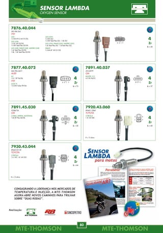 MTE-THOMSONMTE-THOMSON
80
MTE-THOMSONMTE-THOMSON
17
7088
B303-18-V20
JE15-18-V20
MAZDA
MPV
2.0, 2.6, 3.0 90/92.
MX-3
1.6 92/93.
7089
22020-P9700
NISSAN
MÁXIMA
3.0 90/.
7090
22020-53J10
22020-53J20
NISSAN
NX
2.0 16V 92/.
PATROL
4.2 92/.
PRIMERA
1.6, 2.0 90/93.
PULSAR
2.0 91/.
QUEST
3.0 92/.
7091
77.00.722.070
77.00.732.263
77.00.749.146
77.00.852.093
77.00.852.662
RENAULT
CLIO
1.2, 1.4, 1.8 90/.
ESPACE
2.0, 2.2 87/.
EXPRESS
1.4 91/.
LAGUNA
1.8, 2.0 94/.
7092
1875990
GM
CHEVROLET
Diversos 75/.
4419628
82369531
ALFA ROMEO
33
1.6 8V, 1.8 8V, 2.0 8V 85/89.
164
1.2 8V 83/86.
7093
90243618
GM
CORSA
1.0L EFI, 1.4L EFI 94/96.
7094
9.220.087.004
FIAT
147, OGGI, PANORAMA
1.3 83/87.
ELBA, UNO
1.3, 1.5 84/91.
FIORINO
1.3, 1.5 88/93.
PRÊMIO
1.3 85/92.
SPAZIO
1.3 83/84.
UNO MILLE
1.0 90/91.
7095
9940095
FIAT
TEMPRA, TEMPRA OURO
2.0 8V 92/94.
UNO
8V Todos.
MASTER
87/
R11, R19
1.4, 1.7, 1.8 87/.
R21, R25
1.7, 2.0, 2.2, 2.5 87/.
SAFRANE
2.0, 3.0 92/.
TRAFIC
2.1 89/.
ARNA
1.6, 1.8 8V, 2.0 8V 79/85.
GIULIETTA
1.8 8V, 2.0 8V Turbo 83/85.
82369531
FIAT
CROMA
2000 CHT 8V 85/92.
9.220.087.005
FORD
BELINA, DEL REY
1.8 89/91.
CORCEL II
1.6 83/86.
ESCORT
1.3, 1.6, 1.8 83/92.
PAMPA
1.6, 1.6 4x4 83/93.
ROYALE, VERSAILLES
1.8, 2.0 91/94.
VERONA
1.6, 1.8 90/92.
94623323
GM
C20, C40, C60, C70, C90
85/96.
CARAVAN, OPALA
2.5L, 4.1L 82/92.
CHEVETTE
1.0, 1.4, 1.6 81/89.
IPANEMA, KADETT
1.8, 2.0 89/91.
MONZA
1.6 82/86.
1.8 86/91.
UTILITÁRIOS
4.1L 6cil. 85/89.
9.220.087.006
VW
APOLLO
1.8 90/92.
BRASÍLIA
1.3 73/81.
FUSCA
1.0, 1.6 84/86.
GOL
1.3, 1.6, 1.8 80/87.
KOMBI
1.6 84/91.
PARATI
1.6 84/86.
PASSAT
1.6, 1.8 84/89.
QUANTUM
1.8, 2.0 85/87.
SANTANA
1.8, 2.0 84/87.
SAVEIRO
1.6 82/86.
VOYAGE
1.5, 1.6 81/86.
SERENA
1.6, 2.0 92/.
SUNNY
2.0 92/.
Nº de pinos
5 pinos
7096
0 227 100 137
FIAT
TEMPRA
2.0 16V 94/.
211.905.351.D
211.905.535.1
VW
GOL, SAVEIRO
1.8 90/.
Nº de pinos
2 + 2 pinos
Nº de pinos
3 pinos
Nº de pinos
3 + 2 pinos
Nº de pinos
4 pinos
Nº de pinos
4 pinos
Nº de pinos
6 pinos
Nº de pinos
5 pinos
Nº de pinos
7 pinos
MÓDULO DE IGNIÇÃO
IGNITION MODULE MODULO DE ENCENDIDO
7920.43.060
89465-12840
TOYOTA
COROLLA
1.8 16V 08/.
7891.45.030
93386736
GM
CORSA, MERIVA, MONTANA
1.8L 8V Flex 04/06.
7877.40.072
06A.906.265.F
AUDI
A3
1.8, 1.8T 96/06.
VW
GOLF IV
1.8 20V Turbo 99/04.
7891.40.037
25163079
GM
BLAZER, S10
4.3 V6 96/01.
7930.43.044
89465-02130
TOYOTA
COROLLA
1.6 16V, 1.8 16V 02/.
R = 13 ohms
R = 13 ohms
B B C P
B B P C
4
Zr
L = 72
4
Zr
L = 37
4
Zr
L = 30
4
Zr
L = 60
4
Zr
L = 44
SENSOR LAMBDA
OXYGEN SENSOR
B B P C
C
B
P
B
7876.40.044
5X3.906.262
VW
GOL
1.0 MI AT 8,16V 01/03.
GOL (GIII)
1.0 8,16V 02/05.
1.0 8V Total Flex 02/05.
GOL (GIII), PARATI (GIII), SAVEIRO (GIII)
1.6L Total Flex 02/05.
1.8L, 1.8L Total Flex 02/05.
B B C P
4
Zr
L = 44
GOL (GIV)
1.0 8V 05/.
1.0 8V Total Flex 05/. 1.8L 05/.
GOL (GIV), PARATI (GIV), SAVEIRO (GIV)
1.6L Total Flex 05/. 1.8 Total Flex 05/.
PARATI
1.0 MI AT 16V 01/02.
B
P
B
C
CONSAGRANDO A LIDERANÇA NOS MERCADOS DE
TEMPERATURA E INJEÇÃO, A MTE-THOMSON
AGORA ABRE NOVOS CAMINHOS PARA TRILHAR
SOBRE “DUAS RODAS”.
Realização:
para motos
 