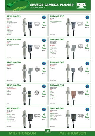 MTE-THOMSONMTE-THOMSON
82
MTE-THOMSONMTE-THOMSON
15
7068
12.14.1.266.702
12.14.1.273.217
12.14.1.273.298
12.14.1.274.698
BMW
315, 316, 318
1.5, 1.6, 1.8 8V 81/90.
320, 323
2.0, 2.3 12V 82/85.
518, 520, 525, 528
1.8, 2.0 2.5, 2.8 8V 74/87.
628, 633, 635
2.8, 3.3, 3.5 12V 79/87.
728, 730 2.8, 3.0 12V 77/86.
7070
195360507902
ALFA ROMEO
75
2.0 16V 91/.
90
2.0 85/92.
7071
893.905.105
AUDI
80
1.6, 1.8, 2.0, 2.3 90/.
90
2.0, 2.3 90/.
100
1.8, 2.0, 2.3 90/.
200
Avant 89/.
7072
443.905.105 B
AUDI
80
2.0 87/.
100
2.3 86/.
7073
E9DF-12A297-A1A
FORD
TAURUS
3.0 90/94.
7074
F1PZ-12A297-A
F2SZ-12A297-A
FORD
MUSTANG
5.0 94/.
TAURUS
3.8 95.
7075
0 227 100 207
HYUNDAI
EXCEL
1.5 90/92.
SCOUPE
1.5 90/94.
7076
RTC5089
LAND ROVER
DEFENDER, DISCOVERY
3.5 90/.
RANGE ROVER
3.5, 3.9, 4.2 90/94.
91504912
CITROËN
BX
14,15,16,19 8V 82/93.
C15
1.1, 1.3, 1.4 8V 84/96.
C25 BUS
1.8, 2.0 8V 81/94.
J5
1.8, 2.0 8V 81/90.
J9
1.6 8V, 2.0 8V 80/87.
VISA
11,14,16 GT 8V 82/91.
XM
2.0i 8V 89/94.
ZX
1.9i 8V 91/97.
9753283180
FIAT
Ducato Box 2.0 8V 82/90.
Ducato Flatbed/Chassis
2.0 8V 85/94.
Ducato Box, Ducato Panorama
1.8 8V 82/88.
Ducato Panorama
2.0 8V 82/94.
5927.90
5945.02
PEUGEOT
205
1.0, 1.1, 1.4, 1.6, 1.9 8V 83/98.
305
1.3, 1.5, 1.6, 1.9 8V 77/92.
306
1.4 93/97.
309
1.1, 1.3, 1.6, 1.9 8V 85/93.
405
1.6 8V, 1.9 8V 88/92.
504
2.0 8V 71/86.
505
1.8, 2.0, 2.2 8V 81/86.
605
2.0 8V 89/99.
462763
VOLVO
240, 244, 245
2.4, 2.5 77/85.
443.905.105.C
VW
PASSAT
2.0 16V 89/.
Nº de pinos
6 pinos
Nº de pinos
4 pinos
Nº de pinos
3 pinos
Nº de pinos
3 pinos
Nº de pinos
6 pinos
Nº de pinos
6 pinos
Nº de pinos
4 pinos
Nº de pinos
3 pinos
7077
54.404.242
54.988.204
JAGUAR
XJ-40
3.2, 3.6, 4.0 89/93.
XJ-S
3.6, 4.0 86/94.
Nº de pinos
7 pinos
MÓDULO DE IGNIÇÃO
IGNITION MODULE MODULO DE ENCENDIDO
8877.40.045
06A.906.262.BP
VW
GOL (GIII) 1.0L 03.
GOL (GIV) 1.0 Total Flex 05.
GOLF IV 2.0L 02.
KOMBI 1.4 06/.
POLO 2.0 02/06.
8853.40.026
001 540 79 17
MERCEDES-BENZ
A 160
1.6 99/05.
A 190
1.9 99/05.
8848.40.042
36532-PWE-G01
HONDA
FIT
1.4 8V 03/.
8877.40.031
06A.906.262.C
5Z0.906.262
VW
CROSSFOX 1.6 05/.
FOX 1.6 03/.
GOLF IV 1.6 01/07.
POLO 1.6 02/08.
SPACE FOX 1.6 06/08.
8876.40.051
06A.906.262.AR
06A.906.262.F
VW
BORA
2.0 98/05.
GOLF IV
2.0 99/02.
NEW BEETLE
2.0 98/.
Pós-Cat/Planar
Planar Gas./Planar
Flex/Planar Flex/Planar
C B
P B
B C
B P
B B C P
B B C P B B C P
4
Planar
L = 42
4
Planar
L = 26
4
Planar
L = 51
4
Planar
L = 31
4
Planar
L = 45
8834.40.043
46762182
FIAT
PALIO, SIENA
1.0, 1.3 MPI 16V 00/03.
Gas./Planar
93385924
GM
CORSA
1.0 VHC 05/06.
BLAZER, S10
2.4 MPFI 07/.
Flex/Planar
P C B B
4
Planar
L = 43
8834.40.120
46750241
FIAT
MAREA, MAREA WEEKEND
2.4 MPI 20V 00/.
Gas./Planar
P C B B
4
Planar
L = 120
8834.45.040
93310435
GM
CORSA, MERIVA, MONTANA
1.8L 8V 06/.
Flex/Planar
C P B B
4
Planar
L = 40
8843.40.040
36531-P0A-A01
36531-PK2-J01
36531-PK2-J01
HONDA
ACCORD SEDAN
2.2i 16V 95/98.
CIVIC
1.7 16V 01/06.
CIVIC CRX
1.6 16V 92/98.
Gas./Planar
C B
P B
4
Planar
L = 40
8843.40.070
36531-PWE-G01
HONDA
FIT
1.4 8V 03/.
Pré-Cat/Planar
C B
P B
4
Planar
L = 70
SENSOR LAMBDA PLANAR
OXYGEN SENSOR
 