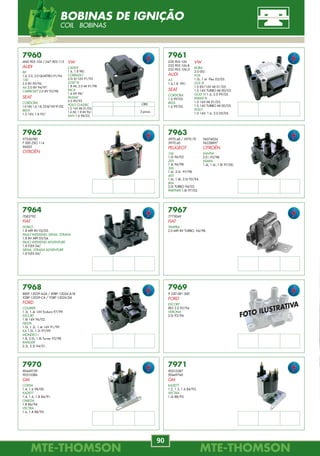 MTE-THOMSONMTE-THOMSON
90
MTE-THOMSONMTE-THOMSON
7
7960
6N0.905.104 / 047.905.115
AUDI
80
1.6, 2.0, 2.0 QUATTRO 91/94.
100
2.0 8V 90/96.
A6 2.0 8V 94/97.
CABRIOLET 2.0 8V 93/98.
SEAT
CORDOBA
1.016V,1.6,1.8,2.08/16V91/02.
IBIZA
1.0 16V, 1.8 95/.
7961
030.905.106
032.905.106.B
032.905.106.D
AUDI
A3
1.6,1.8 99/.
SEAT
CORDOBA
1.6 99/05.
IBIZA
1.6 99/05.
7962
97530780
F 000 ZSO 114
96005
CITROËN
7963
5970.48 / 5970.70
5970.60
PEUGEOT
106
1.0i 96/05.
205
1.4i 96/98.
306
1.6i, 2.0i 97/98.
405
1.6i, 1.8i, 2.0i 92/94.
806
2.0i TURBO 94/02.
PARTNER 1.8i 97/02.
7967
7779049
FIAT
TEMPRA
2.0 MPI 8V TURBO 94/98.
7964
7083792
FIAT
DOBLÓ
1.8 MPI 8V 03/05.
PALIO WEEKEND, SIENA, STRADA
1.8 8V MPI 03/04.
PALIO WEEKEND ADVENTURE
1.8 FLEX 04/.
SIENA, STRADA ADVENTURE
1.8 FLEX 04/.
7968
88SF-12029-A2A / 89BF-12024-A1B
928F-12029-CA / 938F-12024-DA
FORD
COURIER
1.3i, 1.4i 16V Endura 97/99.
ESCORT
1.8i 16V 96/02.
FIESTA
1.0i, 1.3i, 1.4i 16V 91/99.
KA 1.0i, 1.3i 97/99.
MONDEO I
1.8, 2.0i, 1.8i Turner 93/98.
RANGER
2.3i, 2.5i 94/01.
7969
9 220 081 500
FORD
ESCORT
XR3 2.0 92/94.
VERONA
2.0i 93/94.
VW
CADDY
1.6, 1.8 98/.
CORRADO
2.0i 8/16V 91/95.
GOLF III
1.8 MI, 2.0 MI 91/98.
INCA
1.6 EFI 98/.
PASSAT
2.0 90/95.
POLO CLASSIC
1.0 16V MI 01/03.
1.6 MI, 1.8 MI 96/.
VAN 1.6 98/03.
VW
BORA
2.0 00/.
FOX
1.0i, 1.6i Flex 03/05.
GOL III
1.0 8V/16V MI 01/05.
1.0 16V TURBO MI 00/03.
GOLF IV 1.6, 2.0 99/05.
PARATI III
1.0 16V MI 01/03.
1.0 16V TURBO MI 00/05.
POLO
1.0 16V, 1.6, 2.0 02/05.
96074054
96228897
CITROËN
XANTIA
2.0 i 93/98.
XSARA
1.4i, 1.6i, 1.8i 97/00.
OBS
3 pinos
7970
90449739
90510386
GM
CORSA
1.4, 1.6 98/00.
KADETT
1.4, 1.6, 1.8 84/91.
OMEGA
1.8 86/94.
VECTRA
1.6, 1.8 88/95.
7971
90510387
90449740
GM
KADETT
1.2, 1.3, 1.6 84/93.
VECTRA
1.6i 88/95.
FOTO ILUSTRATIVA
BOBINAS DE IGNIÇÃO
COIL BOBINAS
70015
06A.905.377.B
AUDI
A3
1.6 00/01.
VW
GOLF A4
1.8 20V Turbo 99/.
70013
0.261.231.079
GM
ASTRA
2.0 16 V 99/.
VECTRA
2.2 8/16V 97/.
2.0 16V /96.
70014
06A.905.377
AUDI
A3
1.6, 1.8 96/00.
VW
BORA
1.6, 1.8 98/05.
GOLF A4
1.6, 1.8 97/00.
Wire Lenght mV/g
570 mm --------
Wire Lenght mV/g
175 mm 30
Wire Lenght mV/g
250 mm 24
SENSOR DE DETONAÇÃO
KNOCK SENSOR SENSOR DE DETONACIÓN
EMISSÕES SOB
CONTROLE!
SERVIÇO DE INFORMAÇÕES MTE-THOMSON 0800 704 7277
sim@mte-thomson.com.br • www.mte-thomson.com.br
CATÁLOGO DE
INJEÇÃO ELETRÔNICA
IMPRESSO
CD-ROM
 
