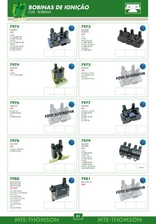 MTE-THOMSONMTE-THOMSON
6
MTE-THOMSONMTE-THOMSON
91
7024
60808063
ALFA ROMEO
156
2.5 97/01.
166
2.0, 2.5 98/00.
SPIDER
2.0, 3.0 V6 97/.
7026
22060-30P00
NISSAN
PATHFINDER
3.0, 3.3 90/.
7027
21021879
SATURN
COUPÉ
1.9 91/.
7028
89615-12040
TOYOTA
CAMRY
3.0 92/.
7029
030.905.377.C
AUDI
A3 1.6 02/05.
1.8 20V Turbo 00/05.
VW
BORA 1.8L, 2.0 05/.
FOX 1.6L Total Flex 03/.
GOL
1.0, 1.6, 1.8 Toatal Flex 05/.
1.0 MI AT 8/16V EFI 01/02.
GOLF A4
1.6L, 1.8L, 2.0L 01/.
2.8L 24V 01/.
70010
5946.22
CITROËN
C5
3.0 V6 24V 01/.
C8
3.0 V6 24V 02/.
EVASION
2.0 8/16V 94/02.
XANTIA
1.8i 16V, 2.0 Turbo 8V 98/03.
XM
2.0i 16V, 2.0 Turbo 8V 94/00.
XSARA 2.0 16V 98/00.
ZX 1.8i 16V 96/97.
70011
030.905.377
VW
GOL
1.0 MI AT 8V EFI 97/02.
GOL, PARATI
1.0 MI AT 8V Turbo EFI 00/02.
GOL SPECIAL
1.0 8V 02/05.
PARATI
1.0 16V Turbo 02/04.
70012
1N1A-12A699-AA
FORD
ECOSPORT
1.6 02/.
FOCUS
1.8 03/.
NOVO FIESTA
1.0, 1.6 04/.
96037068
CITROËN
ZX
2.0, 2.0 16V 92/97.
C5
3.0 V6 01/.
XANTIA
2.0 93/.
XM
3.0 V6 89/00.
39250-22010
HYUNDAI
ACCENT
1.5 12/16 V 94/00.
ELANTRA
1.5 12V 96/00.
EXCEL
1.5 12/16 V 94/99.
S COUPE
1.5 91/96.
5946.10
PEUGEOT
406
3.0 V6 00/04.
605
3.0 24V 89/99.
607
3.0 V6 00/.
806
2.0 94/02.
96.12.765.780
96.12.765.880
RENAULT
ESPACE
3.0 96/98.
LAGUNA
3.0 93/01.
1367643
VOLVO
760
2.8 81/91.
960
2.8 90/94.
7669123
FIAT
TEMPRA
2.0 TURBO 94/.
TIPO
1.6 MPI 95/.
UNO
1.6 R MPI 93/.
GOLF A4, POLO
1.6L Total Flex 02/.
PARATI
1.0 MI AT 16V EFI 01/02.
PARATI, SAVEIRO
1.6, 1.8 Total Flex 02/.
PASSAT
2.0 16V FSI 05/.
2.0L 05/.
POLO
1.0 MI AT 16V 02/.
1.4L 8/16V 02/.
1.6, 2.0 02/.
TOUAREG
3.2L 24V VR6 (6cil.) 05/.
5946.30
PEUGEOT
306 2.0 16V 97/01.
406
1.8 16V 95/00.
2.0 16V 95/04.
407
3.0 24V 04/.
607
3.0 V6 24V 00/.
806
2.0 16V 98/00.
2.0 8V, 2.0 Turbo 8V 94/02.
807 3.0 V6 24V 02/.
96.28.648.280
RENAULT
AVANTIME
3.0 V6 24V 01/03.
CLIO II
3.0 V6 24V 00/05.
LAGUNA II
3.0 V6 24V 01/.
12.14.1.401.238
BMW
M3
3.0, 3.2 92/99.
Z3
3.2 97/01.
Wire Lenght mV/g
400 mm 27
Wire Lenght mV/g
-------- 24
Wire Lenght mV/g
250 mm 23
Wire Lenght mV/g
350 mm 25
Wire Lenght mV/g
-------- --------
Wire Lenght mV/g
-------- --------
Wire Lenght mV/g
-------- --------
Wire Lenght mV/g
-------- --------
SENSOR DE DETONAÇÃO
KNOCK SENSOR SENSOR DE DETONACIÓN
7972
93248876
GM
ASTRA
1.8, 2.0 MPFI 98/.
2.0 MPFI Flex 04/.
VECTRA
2.0, 2.2 MPFI 97/05.
ZAFIRA
1.8, 2.0 16V 01/04.
2.0 MPFI Flex 04/.
2.4 16V 01/04.
7973
93216080
93240374
GM
C 20
4.1 96.
GRAND BLAZER
4.1 MPFI 98/99.
OMEGA, SUPREMA
4.1 MPFI 94/98.
SILVERADO
4.1 MPFI 96/01.
7977
93275309
GM
IPANEMA, VECTRA
2.0 MPFI 96/97.
KADETT
2.0 MPFI 96/98.
VECTRA
2.0 16V 93/.
7976
93261953
GM
BLAZER, S10
2.4 MPFI 00/05.
S10
2.2 MPFI 97/00.
7975
93236239
GM
IPANEMA, KADETT
1.8, 2.0 EFI 91/97.
MONZA
1.8, 2.0 EFI 91/95.
7974
93230799
GM
CORSA
1.0, 1.4 EFI 94/96.
7978
93211998
GM
OMEGA, SUPREMA
2.0 MPFI 93/96.
7979
96253555
93363483
GM
CELTA
1.0 MPFI 00/02.
1.4 8V 01/.
CELTA, CORSA
1.0 VHC 02/05.
CORSA
1.8 MPFI 02/03.
1.8 MPFI 03/05.
MERIVA, MONTANA
1.8 8V MPFI 02/05. 3 pinos
7980
30510-P73-A01
30510-P73-A02
30510-PT2-006
HONDA
ACCORD SEDAN
2.2i 16V, 2.3 16V 90/95.
CIVIC CRX
1.6i 16V 92/98.
CIVIC HATCH, SEDAN
1.5i 16V 95/01.
CIVIC HATCH
1.6i 16V 91/95.
CR-V
2.0i 16V 99/02.
7981
000.158.61.03
MBB
FOTO ILUSTRATIVA
FOTO ILUSTRATIVA
FOTO ILUSTRATIVA
BOBINAS DE IGNIÇÃO
COIL BOBINAS
 