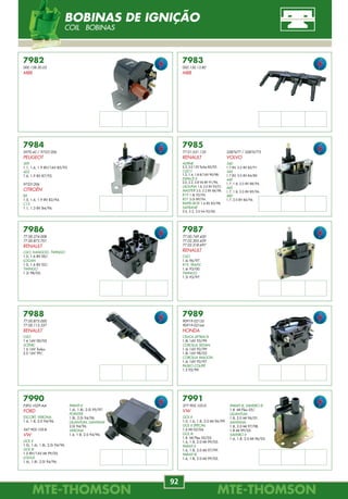 MTE-THOMSONMTE-THOMSON
92
MTE-THOMSONMTE-THOMSON
5
7982
000.158.50.03
MBB
7983
000.150.13.80
MBB
7987
77.00.749.450
77.02.205.459
77.02.218.697
RENAULT
CLIO
1.6i 96/97.
R19, TRAFIC
1.6i 93/00.
TWINGO
1.2i 93/97.
7986
77.00.274.008
77.00.873.701
RENAULT
CLIO, KANGOO, TWINGO
1.0, 1.6 8V 00/.
LOGAN
1.0, 1.6 8V 02/.
TWINGO
1.2i 98/05.
7985
77.01.031.135
RENAULT
ALPINE
2.5, 3.0 12V Turbo 85/95.
CLIO I
1.2, 1.4, 1.8 8/16V 90/98.
ESPACE II
2.0, 2.2, 2.8 V6 8V 91/96.
LAGUNA 1.8, 2.0 8V 93/01.
MASTER 2.0, 2.2 8V 86/98.
R19 1.8i 92/95.
R21 2.0i 89/94.
RAPID BOX 1.4 8V 85/98.
SAFRANE
2.0, 2.2, 3.0 V6 92/00.
7984
5970.42 / 97531206
PEUGEOT
309
1.1, 1.6, 1.9 8V/16V 85/93.
405
1.6, 1.9 8V 87/92.
97531206
CITROËN
BX
1.5, 1.6, 1.9 8V 82/94.
C15
1.1, 1.3 8V 84/96.
7988
77.00.875.000
77.00.113.357
RENAULT
CLIO
1.6 16V 00/05.
SCÉNIC
1.6 16V Todos.
2.0 16V 99/.
7989
90919-02135
90919-02164
HONDA
CELICA LIFTBACK
1.8i 16V 93/99.
COROLLA SEDAN
1.6i 16V 92/99.
1.8i 16V 98/02.
COROLLA WAGON
1.6i 16V 92/97.
PASEO COUPÉ
1.5 95/99.
3287677 / 32876773
VOLVO
340
1.7 8V, 2.0 8V 85/91.
360
1.7 8V, 2.0 8V 84/89.
440
1.7, 1.8, 2.0 8V 88/96.
460
1.7, 1.8, 2.0 8V 89/96.
480
1.7, 2.0 8V 86/96.
7990
F5FU-1029-AA
FORD
ESCORT, VERONA
1.6, 1.8, 2.0 94/96.
547.905.105.B
VW
GOL II
1.0i, 1.6i, 1.8i, 2.0i 94/96.
GOL III
1.0 8V/16V MI 99/05.
LOGUS
1.6i, 1.8i, 2.0i 94/96.
7991
377.905.105.D
VW
GOL II
1.0, 1.6, 1.8, 2.0 MI 96/99.
GOL II SPECIAL
1.6 MI 02/04.
GOL III
1.8 MI Flex 05/05.
1.6, 1.8, 2.0 MI 99/05.
PARATI II
1.6, 1.8, 2.0 MI 97/99.
PARATI III
1.6, 1.8, 2.0 MI 99/05.
PARATI II
1.6i, 1.8i, 2.0i 95/97.
POINTER
1.8i, 2.0i 94/96.
QUANTUM, SANTANA
2.0i 94/96
VERONA
1.6, 1.8, 2.0 94/96.
PARATI III, SAVEIRO III
1.8 MI Flex 05/.
QUANTUM
1.8, 2.0 MI 96/01.
SANTANA
1.8, 2.0 MI 97/98.
1.8 MI 99/05.
SAVEIRO II
1.6, 1.8, 2.0 MI 96/05.
BOBINAS DE IGNIÇÃO
COIL BOBINAS
7025
MD300670
MITSUBISHI
ECLIPSE
2.0 90/.
7022
30530-P2M-A01
HONDA
CIVIC
1.6 90/.
7020
10456209
GM
SONOMA
4.3 95/.
7019
93261954
GM
BLAZER, S10
2.2L MPFI (4cil.) 97/.
2.4L MPFI (4cil.) 98/.
004.153.90.28
MERCEDES-BENZ
C230 2.3 05/.
C280, S280
2.8 05/.
C350, M350
3.5 05/.
7021
90510281
GM
VECTRA GSI
1.8L MPFI 8V 94/96.
2.0 16V 93/.
5946.03
CITROËN
BX 1.9 16V 87/94.
19 GTI 16V 88/93.
77.00.271.090
RENAULT
R 19 1.7 8V 88/95.
7023
30530-P91-A01
HONDA
PRELUDE
2.3 90/.
7017
034.905.377.A
AUDI
80
2.3 10V, 2.8 12V 91/94.
90
2.3E 10V 87/91.
100
2.0 CAT. 10V 88/90.
2.0E 8V, 2.0E 16V 90/94.
A4
1.6 8V 95/00.
1.8 20V 95/00.
1.8T, 1.8T quattro 20V 95/00.
A6
1.8, 1.8T 20V 97/05.
1.8 20V, 2.0 8V 94/97.
2.0 16V, 2.0 16V quattro 94/97.
2.3 10V, 2.3 quattro 10V 94/95.
4.2 quattro 40V 98/05.
S6 4.2 quattro 32V 94/97.
S6 quattro 40V 99/05.
S6 Turbo quattro 20V 94/97.
A8
3.7 quattro 32/40V 95/02.
4.2 quattro 32/40V 94/02.
S8 quattro 32/40 V 96/02.
034.905.377.A
FORD
ESCORT
2.0 AP EFI 92/94.
XR3 2.0i LE-JETRONIC 93/.
ROYALE, VERSAILLES
2.0 AP EFI 91/.
VERONA 2.0 AP EFI 93/94.
93203180
GM
KADETT GSI 2.0L MPFI 8V 92/95.
MONZA CLASSIC 2.0L MPFI 8V 92/93.
OMEGA 2.0L, 2.2L MPFI 8V 93/95.
053.905.377.2
VW
GOL
2.0 AP EFI Digital 94/97.
2.0 GTI 88/94.
GOLF I CABRIOLET
1.8 8V 82/93.
GOLF II
1.8 GTI 16V, 1.8 GTI CAT. 8V 86/91.
JETTA II 1.8 8,16V 86/91.
LOGUS
2.0i AP EFI 92/96.
PARATI
2.0 AP EFI Digital 95/97.
PASSAT
1.6 8V, 1.8 20V 96/00.
2.0 16V 88/93.
POINTER
2.0 AP EFI Digital 94/96.
QUANTUM, SANTANA
2.0 AP EFI Digital 93/97.
SCIROCCO
1.8 16V 86/92.
TOUAREG
4.2 V8 40V 02/.
E500
5.0 05/.
SPRINTER
3,5, 5,0 TON 05/.
5946.21 / 5946.21
PEUGEOT
106
1.3 93/96.
XANTIA
2.0 16V 95/98.
74.31.367.644 / 77.00.871.678
RENAULT
LAGUNA
2.0 16V 95/01.
MÉGANE 2.0 16V 96/.
9142415
SAAB
9-3
2.0 16V, 2.0T 16V 98/03.
2.3i 16V, 2.3T 16V 98/02.
900 II
2.0i 16V, 2.3 16V 93/98.
030.905.377.A
VW
BORA
2.0 00/02.
GOL, PARATI
1.0 16V Turbo 00/.
GOLF
2.0 99/.
GOLF A4
1.8L 20V Turbo 00/01.
2.0L 8V 00/01.
NEW BEETLE
2.0 8V 99/.
030.905.377.A
SEAT
AROSA
1.0, 1.4 97/.
CORDOBA
1.0, 1.4 16V, 1.6 94/.
IBIZA
1.0, 1.4 16V, 1.6 93/.
INCA
1.4 16V, 1.6 95/.
7568801
SAAB
9000
2.0, 2.3 89/.
2.0 16V 85/88.
2.0 16V Turbo 85/98.
900 I
2.0 16V, 2.0 Turbo 8V 86/93.
2.0 Turbo 16V 84/93.
026.905.377.2
SEAT
CORDOBA 1.0 16V 00/02.
IBIZA 1.0 16V EFI Digital 00/03.
026.905.377.2
VW
GOL, PARATI
1.6, 1.8, 2.0 AP EFI 96/02.
GOL (GIII) 1.6L AP EFI 99/03.
PARATI (GIII), SAVEIRO (GIII)
1.6 02/03.
POLO CLASSIC
1.0L 16V EFI Digital 01/03.
1.6L, 1.8L EFI 96/.
QUANTUM
1.8L, 2.0L AP EFI 96/01.
SAVEIRO
1.6, 1.8 AP EFI 97/02.
1326658 / 1367644
VOLVO
240
2.0, 2.3 90/93.
2.3i CAT. 8V 86/93.
440, 460
1.8 8V, 2.0 8V 91/96.
440, 460
1.7 8V, 1.7 Turbo 8V 88/96.
480
1.7 8V, 1.7 Turbo 8V 86/96.
2.0 8V 92/95.
850
2.0 10V, 2.5 20V 91/96.
2.0 Turbo 20V 93/96.
2.3 T5 20V, 2.3 T5-R 20V 93/96.
940
2.0 8V 92/94.
2.0 Turbo 8V 96/98.
2.3 8V, 2.3 16V 90/98.
960
2.0 16V 90/93.
2.5 24V, 2.9 24V 94/96.
S40
1.8 16V, 2.0 16V 95/99.
S90, V90
2.9 24V 97/98.
Wire Lenght mV/g
800 mm 25
Wire Lenght mV/g
-------- 28
Wire Lenght mV/g
-------- 25
Wire Lenght mV/g
-------- --------
Wire Lenght mV/g
-------- --------
Wire Lenght mV/g
-------- --------
Wire Lenght mV/g
-------- --------
SENSOR DE DETONAÇÃO
KNOCK SENSOR SENSOR DE DETONACIÓN
 