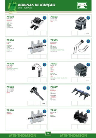 MTE-THOMSONMTE-THOMSON
94
MTE-THOMSONMTE-THOMSON
3
79502
77.00.107.269
RENAULT
LAGUNA
1.8 8V 95/01.
MÉGANE
2.0i 8V 99/.
SCÉNIC
2.0i 8V 97/99.
79503
547.905.104.B
867.905.105.A
VW
79507
6N0.905.105
AUDI
A3
1.8 Todos.
SEAT
CORDOBA
1.4i, 1.6i Todos.
VW
GOLF, LOGUS, PASSAT, POINTER, POLO
1.8i Todos.
79506
82.00.360.911
RENAULT
CLIO, KANGOO, TWINGO
1.0 16V Hi-Flex 04/.
79505
82.00.084.401
RENAULT
206
1.0L 16V 00/.
CLIO, TWINGO
1.0L 16V 01/04.
KANGOO, KANGOO EXPRESS
1.0 16V 01/04.
79504
01103905
GM
BLAZER, S10
2.2 EFI /97.
CORSA
1.0, 1.6 MPFI /98.
OMEGA
2.2 MPFI /97.
79508
12.13.1.703.825
12.13.1.748.018
12.13.173.227
BMW
79509
5970.80
PEUGEOT
206
1.6 16V 02/.
9636337880
CITROËN
C3
1.6 16V 02/.
6 pinos
3 pinos
2 furos
79510
56028172
CHRYSLER
79511
021.905.106
VW
PASSAT
2.8 VR6 97/.
FOTO ILUSTRATIVA
FOTO ILUSTRATIVA
BOBINAS DE IGNIÇÃO
COIL BOBINAS
7000
46538111
46815152
55190562
FIAT
BRAVA
1.6 16V MPI 02/.
FIORINO, PALIO
1.3 MPI 8V FIRE 03/.
PALIO
1.0, 1.3 16V FIRE 00/.
1.0 8V MPI FIRE 01/04.
1.6 16V MPI FIRE 01/.
7003
037.905.377 / 037.905.377.A
VW
BORA
2.0 00/02.
GOL
1.0 MI AT Turbo 16V EFI 00/02.
2.0 AP 16V EFI 95/00.
GOLF A4
1.8 99/00.
NEW BEETLE 2.0 99/.
PARATI
1.0 MI AT Turbo 16V EFI 00/04.
2.0 AP 16V EFI 96/00.
PASSAT, VARIANT 2.8 6cil. 94/97.
7004
60602832
FIAT
BRAVA
1.6 MPI 16V 00/01.
FIORINO, UNO
1.5 MPI 8V 97/02.
PALIO
1.0 MPI 8V 96/01.
1.5 MPI 8V 96/04.
1.6 MPI 16V 96/00.
SIENA
1.0 MPI 8V 99/00.
1.5 MPI 8V 03/04.
1.6 MPI 16V 98/99.
7005
9623367880
CITROËN
XSARA
1.8, 2.0 16V 97/.
XANTIA
1.8 16V 95/98.
5946.24
PEUGEOT
306
1.8, 2.0 16V 96/.
7006
46522740
FIAT
BRAVA
1.8 MPI 16V 00/02.
MAREA
1.8 MPI 16V 00/05.
7007
46525288
FIAT
MAREA
2.4 MPI 20V 01/03.
STILO ABARTH
2.4 MPI 20V 03/.
7008
60592752
ALFA ROMEO
145, 146
1.4 i.e. 16V T.S. 96/01.
1.8 i.e. 16V T.S. 96/98.
155
1.6 16V T.S. 96/97.
2.0 T.S. 16V 95/97.
156
1.6 16V T.Spark 00/06.
2.5 V6 24V 00/00.
164
2.0 V6 Turbo 12V 91/92.
3.0 24V Q4 94/98.
7001
0K01D-18-921
KIA
SPORTAGE
2.0 00/.
7002
06A.905.377.A
AUDI
A3
1.8 20V Turbo 99/00.
1.8L 20V 99/00.
VW
GOLF
1.6 99/.
GOLF A4
1.8 20V Turbo 98/99.
SIENA
1.0 MPI 8V FIRE 02/03.
1.3 MPI 8V FIRE 03/04.
1.6 16V MPI FIRE 00/.
STRADA
1.3 16V FIRE 00/.
1.3 MPI 8V FIRE 03/05.
1.6 MPI 16V 00/02.
UNO
1.0 8V MPI FIRE 02/.
1.3 8V MPI FIRE 03/04.
STRADA
1.5 MPI 8V 99/04.
1.6 MPI 16V 99/01.
PALIO, SIENA, STRADA
1.6 MPI 8V 99/00.
166
2.0 V6 12V 98.
2.5 V6 24V 98/.
3.0 V6 24V 98/00.
SPIDER
3.0 V6 12V 95/05.
60810791
FIAT
ELBA
1.6 MPI 8V 94.
FIORINO, UNO
1.6 MPI 8V 95/96.
MAREA
2.0i 20V 98/.
2.0i 20V TURBO 98/.
TEMPRA
2.0 MPI 8V Turbo 95/98.
TIPO
1.6 MPI 8V 96/97.
96253615
DAEWOO
LANOS, SALOON
1.4 8V, 1.6 16V 97/.
NUBIRA, SALOON, WAGON
1.6 16V 97/.
Wire Lenght mV/g
--------- 26
Wire Lenght mV/g
250 mm 24
Wire Lenght mV/g
30
Wire Lenght mV/g
30
Wire Lenght mV/g
27
250 mm 350 mm
200 mm
Wire Lenght mV/g
28250 mm
Wire Lenght mV/g
27350 mm
Wire Lenght mV/g
24570 mm
Wire Lenght mV/g
25450 mm
SENSOR DE DETONAÇÃO
KNOCK SENSOR SENSOR DE DETONACIÓN
 