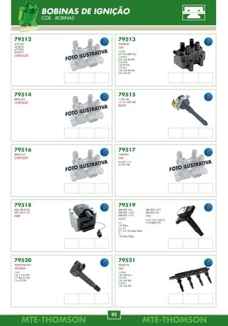 MTE-THOMSONMTE-THOMSON
2
MTE-THOMSONMTE-THOMSON
95
79512
4751253
5234210
4797293
5252577
CHRYSLER
79513
90458250
GM
ASTRA
2.0 16V MPFI 94/.
CALIBRA
2.0i 16V 94/98.
PARTNER
1.8i 97/02.
VECTRA
1.8i 16V 95/98.
2.0i 16V 92.
79517
10489421
GM
BLAZER, S10
4.3 V6 /98.
79516
88921412
CHRYSLER
79515
1.720.166
12.13.1.402.440
BMW
79514
88921253
CHRYSLER
79518
000.158.70.03
000.158.71.03
MBB
79519
06B.905.105
06B.905.115.B
06B.905.115.E
AUDI
A3
1.8 Todos.
A6, A8
3.7, 4.2, S6 Turbo Todos.
TT
1.8 Turbo Todos.
06B.905.115.E
06B.905.105
VW
GOLF, NEW BEETLE
1.8 TURBO 99/.
79520
30520-PGK-A01
HONDA
CIVIC
1.4, 1.6 01/05.
1.7 Vtec 01/05.
1.6 i 01/05.
79521
90536194
GM
CORSA
1.8i 16V 01/.
VECTRA
1.8i 16V 98/.
ZAFIRA
1.8i 16V 99/.
FOTO ILUSTRATIVA
FOTO ILUSTRATIVA
FOTO ILUSTRATIVA
FOTO ILUSTRATIVA
BOBINAS DE IGNIÇÃO
COIL BOBINAS
74XX
75XX
75XX
76XX
77XX
78XX.XX.XXX
88XX.XX.XXX
77XX
79XX
FIGURA PRODUTO CÓDIGO PÁG.
ÍNDICE - APLICAÇÃO POR PRODUTO
INDEX
11 IACV - VÁLVULA DE CONTROLE DA MARCHA LENTA 58
IDLE AIR CONTROL / ACTUADOR DE RALENTÍ
12 VÁLVULA INJETORA 61
FUEL INJECTOR / INJECTOR
13 CORPO DE BORBOLETA 63
THROTTLE BODY / CUERPO DE LA MARIPOSA
14 KIT DE JUNTAS 66
GASKET / REPUESTO
15 REPAROS ELETRÔNICOS 69
REPAIR / REPUESTOS
16 SENSOR LAMBDA 77
OXYGEN SENSOR
17 SENSOR LAMBDA PLANAR 81
OXYGEN SENSOR
18 SENSOR DA VÁLVULA EGR 84
EGR VALVE / VALVULAS EGR
19 BOMBA DE COMBUSTÍVEL 85
FUEL PUMP / BOMBA COMBUSTIBLE
20 BOBINAS DE IGNIÇÃO 89
COIL / BOBINAS 79XX
 