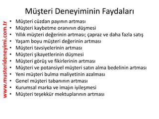 www.musterideneyimi.com.tr
Müşteri Deneyiminin Faydaları
• Müşteri cüzdan payının artması
• Müşteri kaybetme oranının düşmesi
• Yıllık müşteri değerinin artması; çapraz ve daha fazla satış
• Yaşam boyu müşteri değerinin artması
• Müşteri tavsiyelerinin artması
• Müşteri şikayetlerinin düşmesi
• Müşteri görüş ve fikirlerinin artması
• Müşteri ve potansiyel müşteri satın alma bedelinin artması
• Yeni müşteri bulma maliyetinin azalması
• Genel müşteri tabanının artması
• Kurumsal marka ve imajın iyileşmesi
• Müşteri teşekkür mektuplarının artması
 